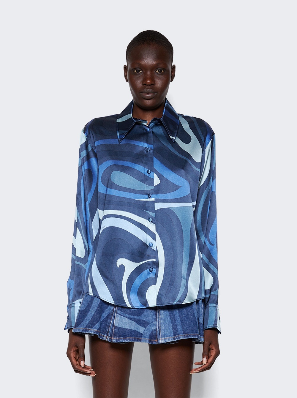 Marmo-Print Silk Long Sleeve Shirt Indigo Blue - 3