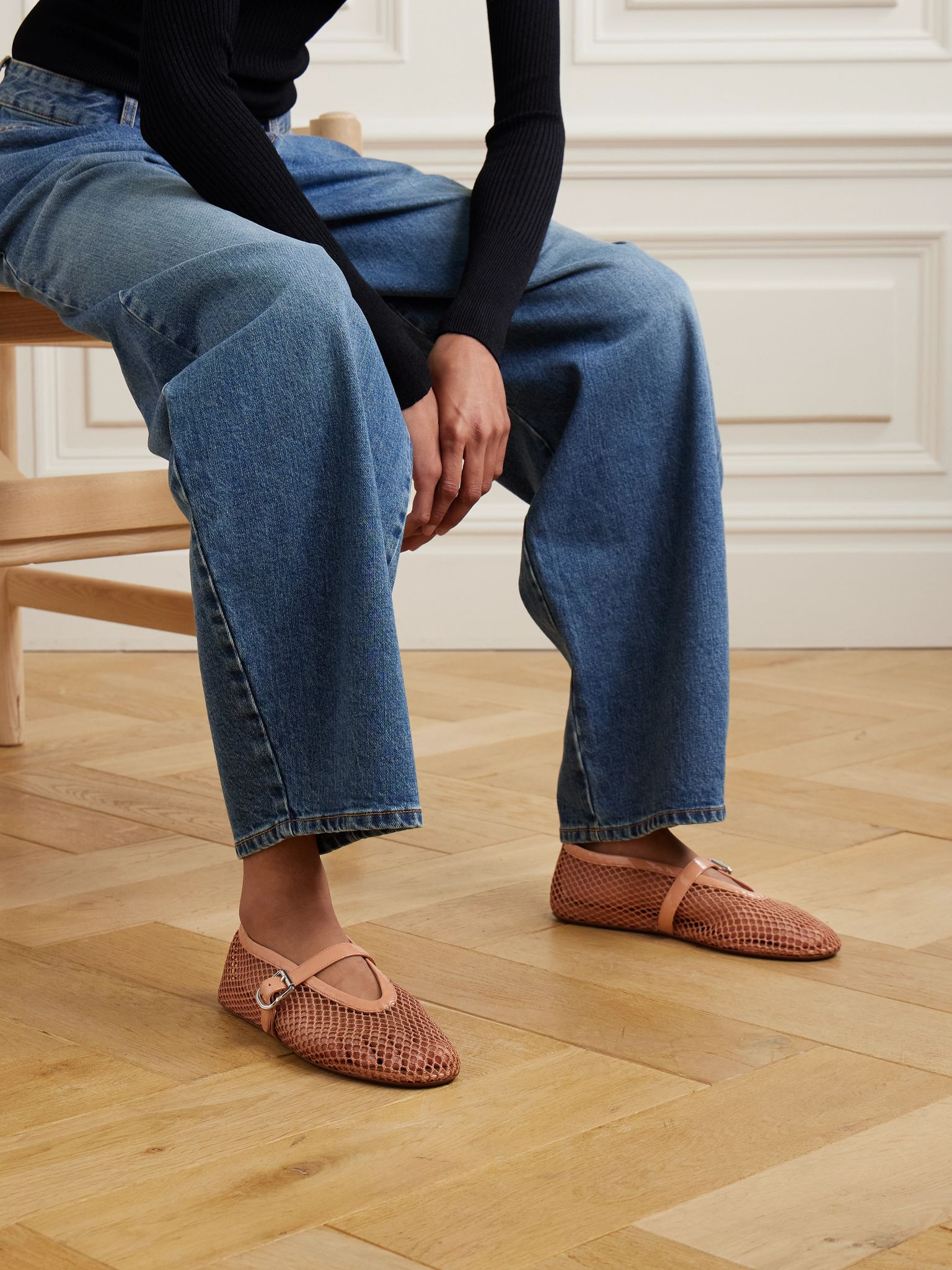 Patent leather-trimmed mesh ballet flats Blush - 2
