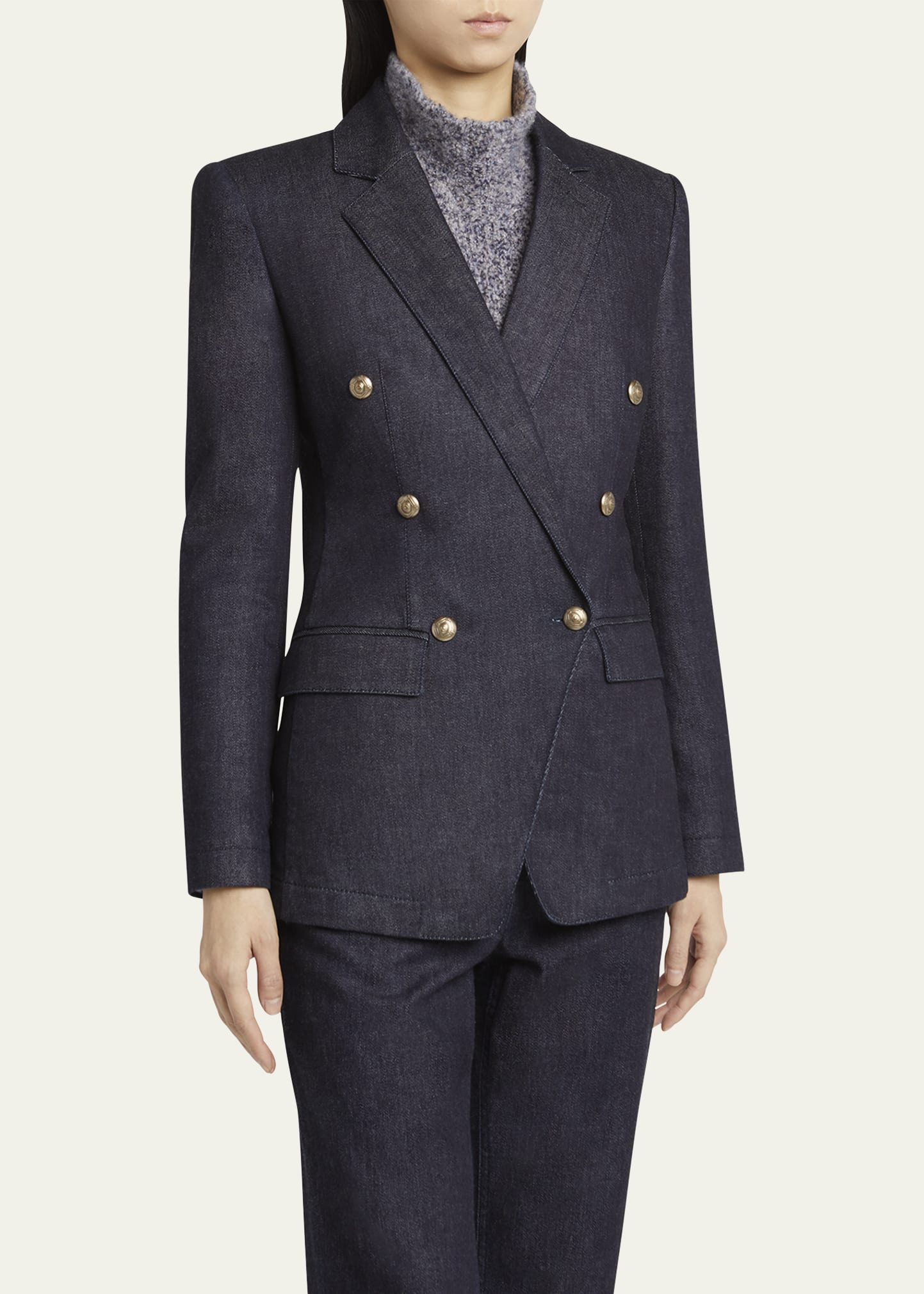 Cotton-Cashmere Denim Double-Breasted Blazer - 4