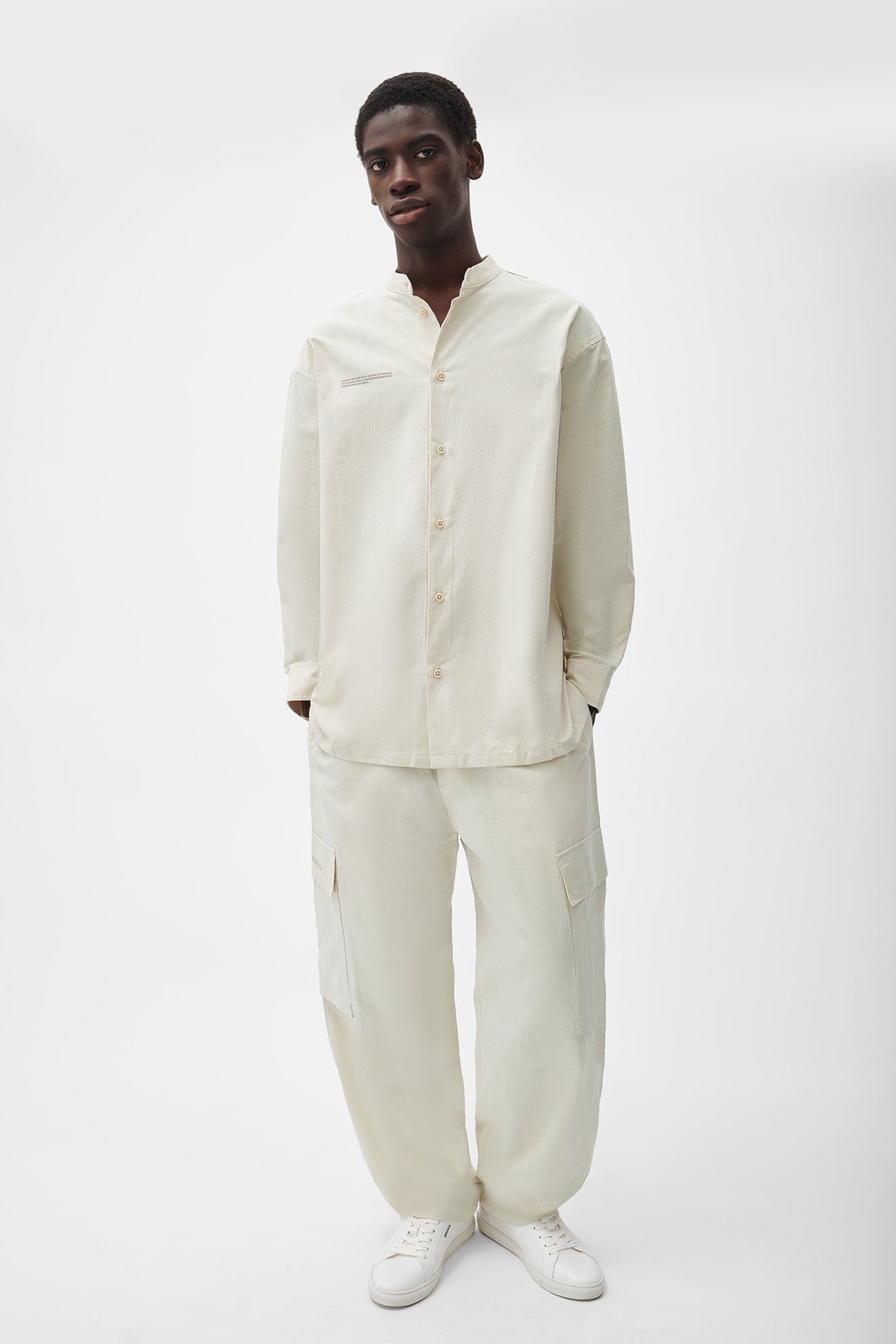 Mens Organic Cotton Linen Mandarin Collar Long-Sleeve Shirt - Limestone - 4