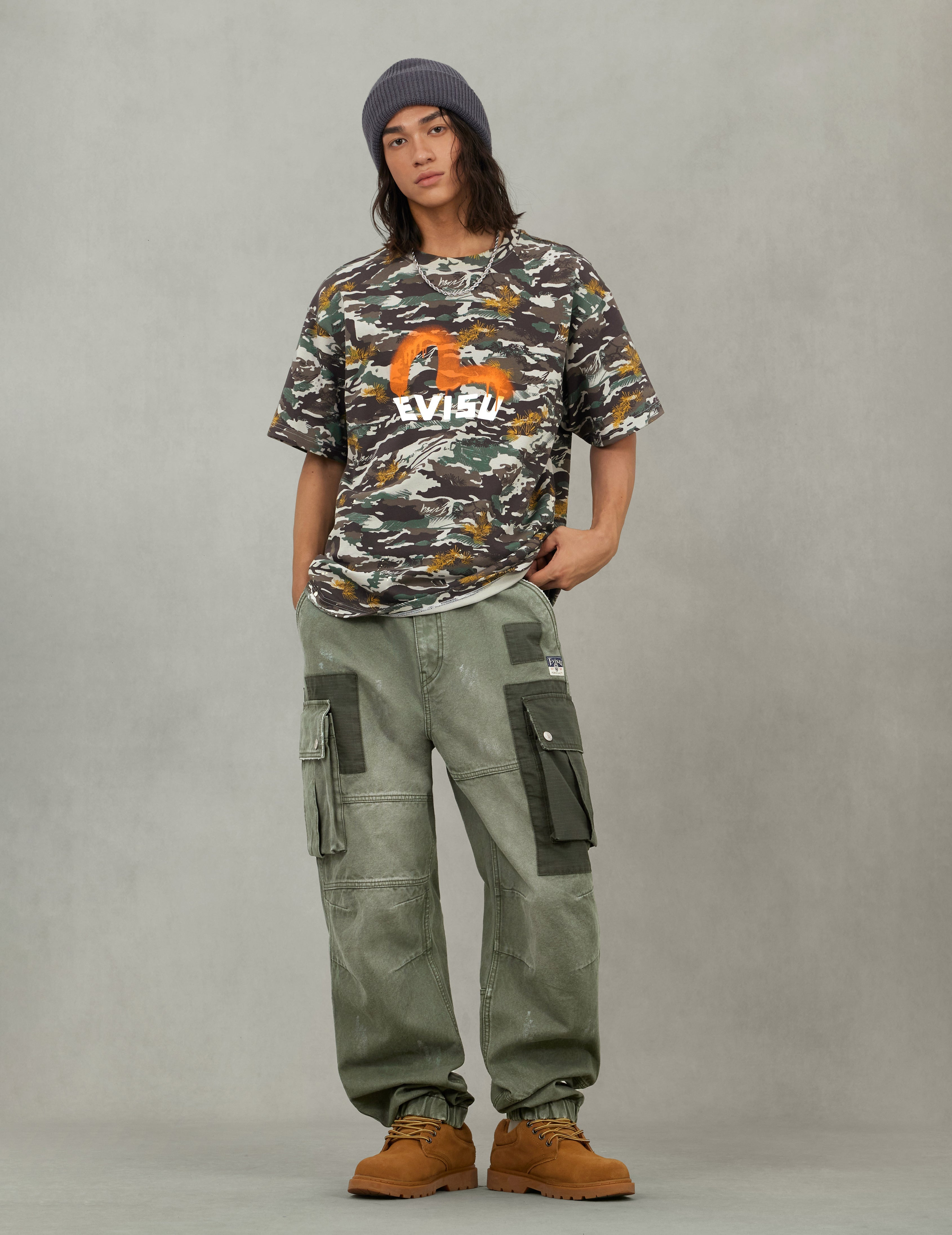 Dual Seagull Print Loose Fit Washed Woven Cargo Joggers - 5