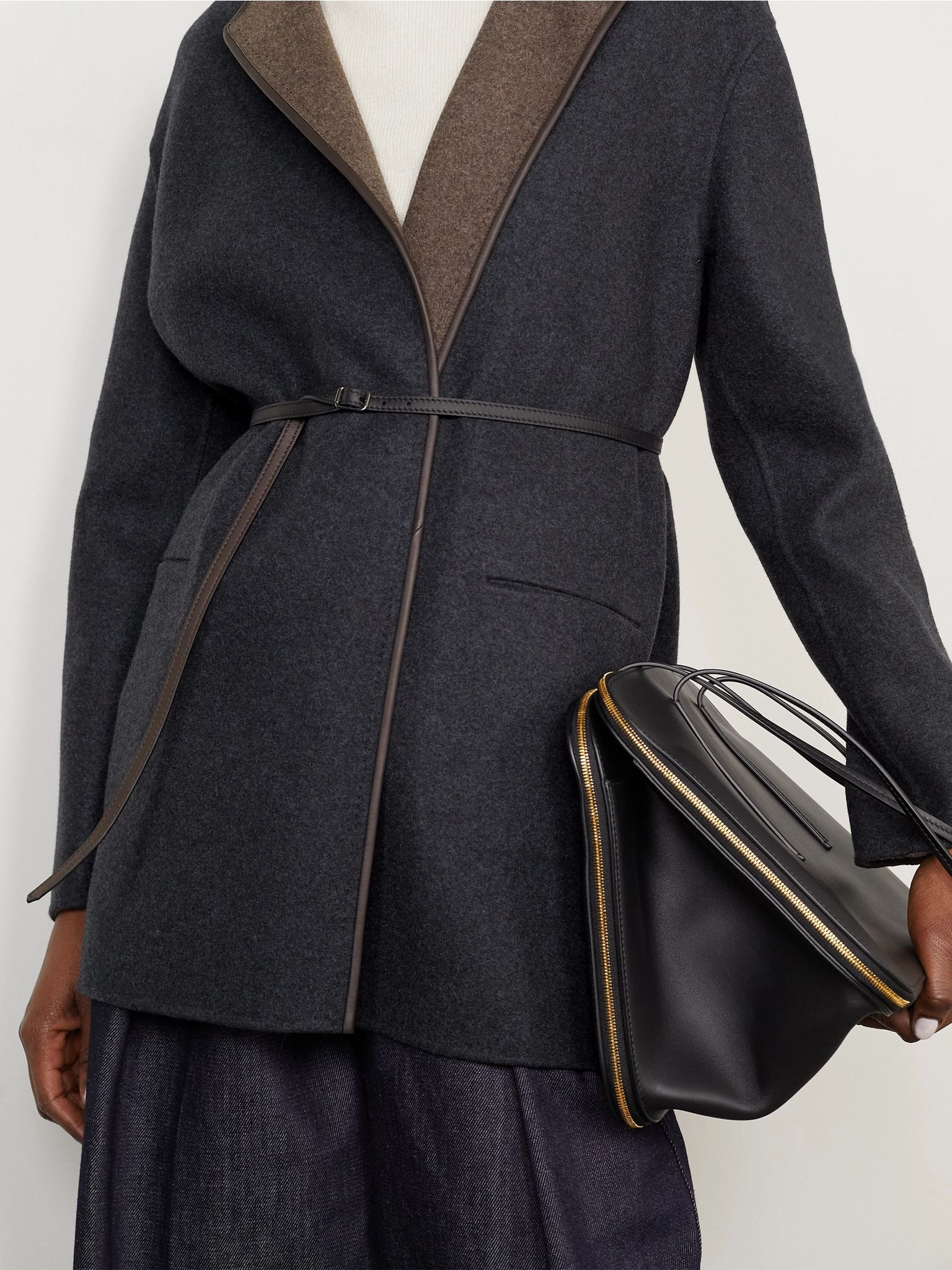 Jimi reversible belted leather-trimmed cashmere-blend jacket Charcoal - 3