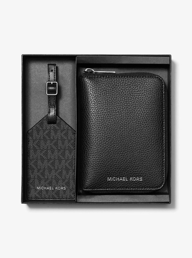 Pebbled Leather Passport Wallet and Signature Logo Luggage Tag Gift Set 3
