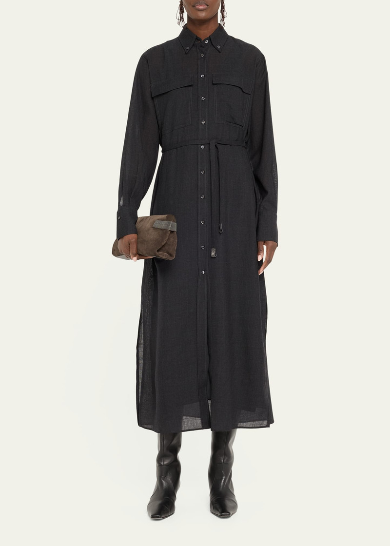 Brunello Cucinelli Long Wool Gauze Shirt Jacket Dress with Waist Tie outlook