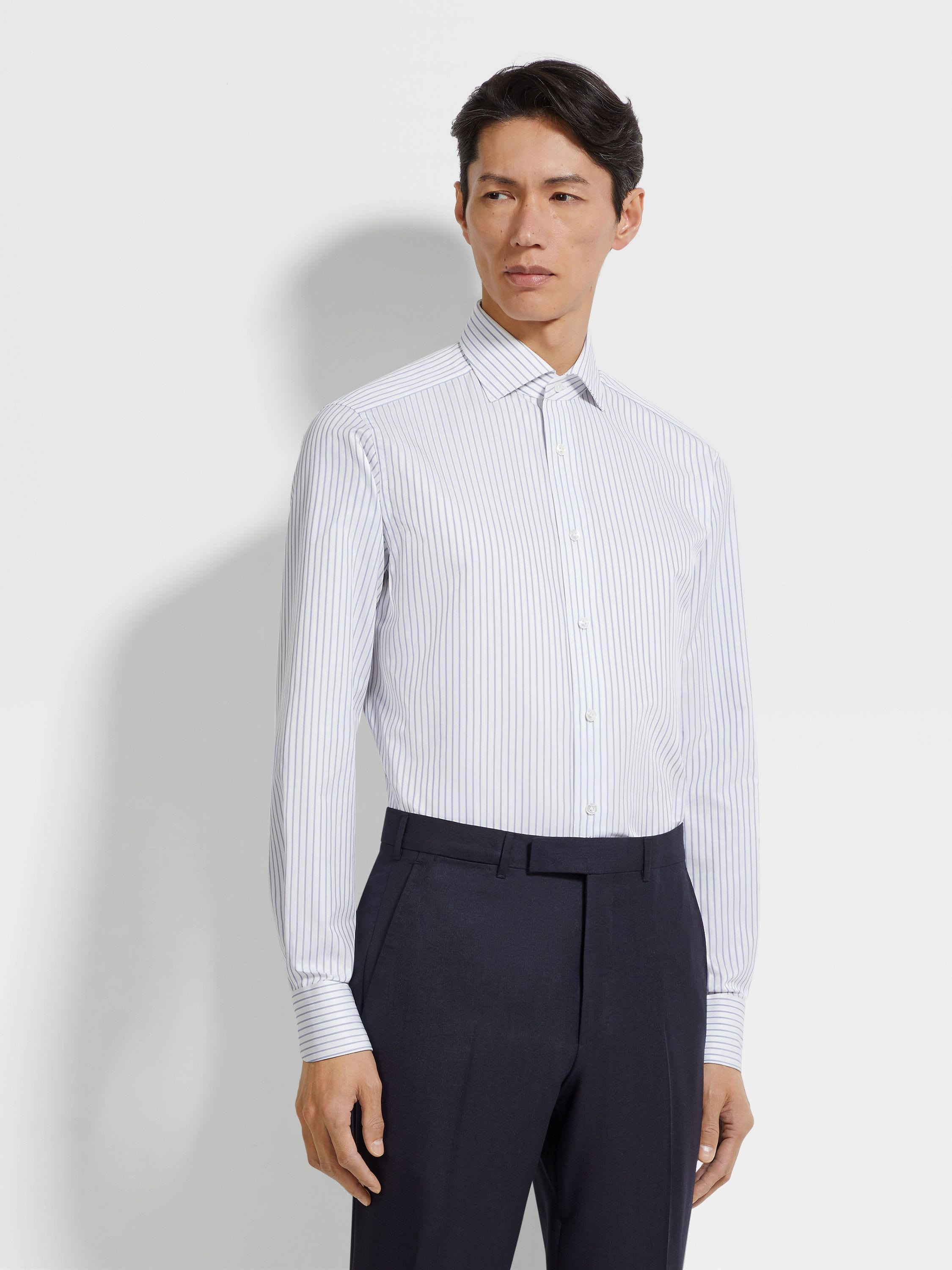 NAVY BLUE AND WHITE STRUCTURED STRIPED CENTOVENTIMILA COTTON SHIRT - 4