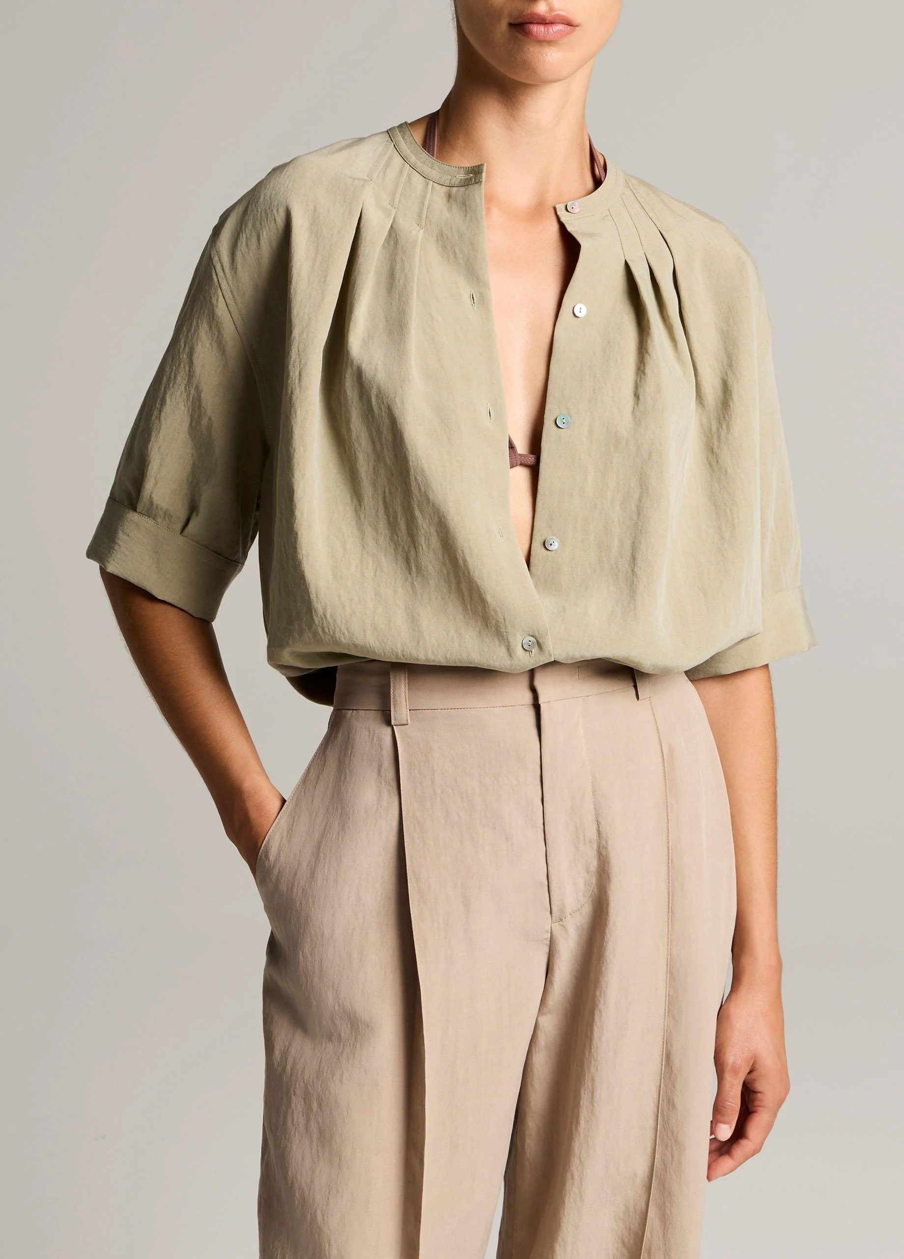 Gathered A-Line Button-Front Shirt - 1