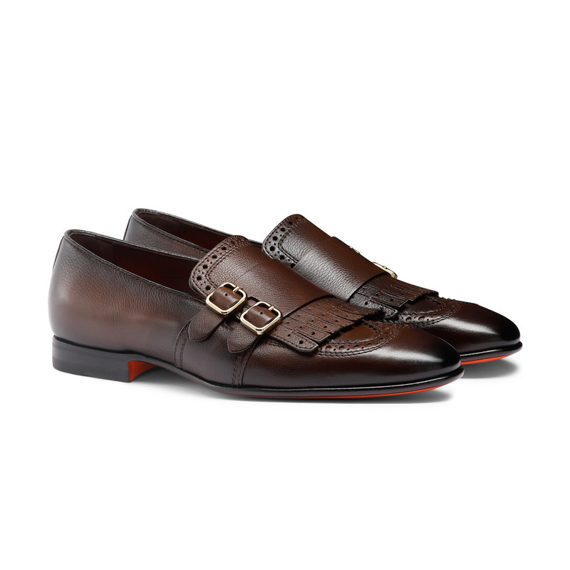 Men’s brown leather double-buckle loafer with fringe 3