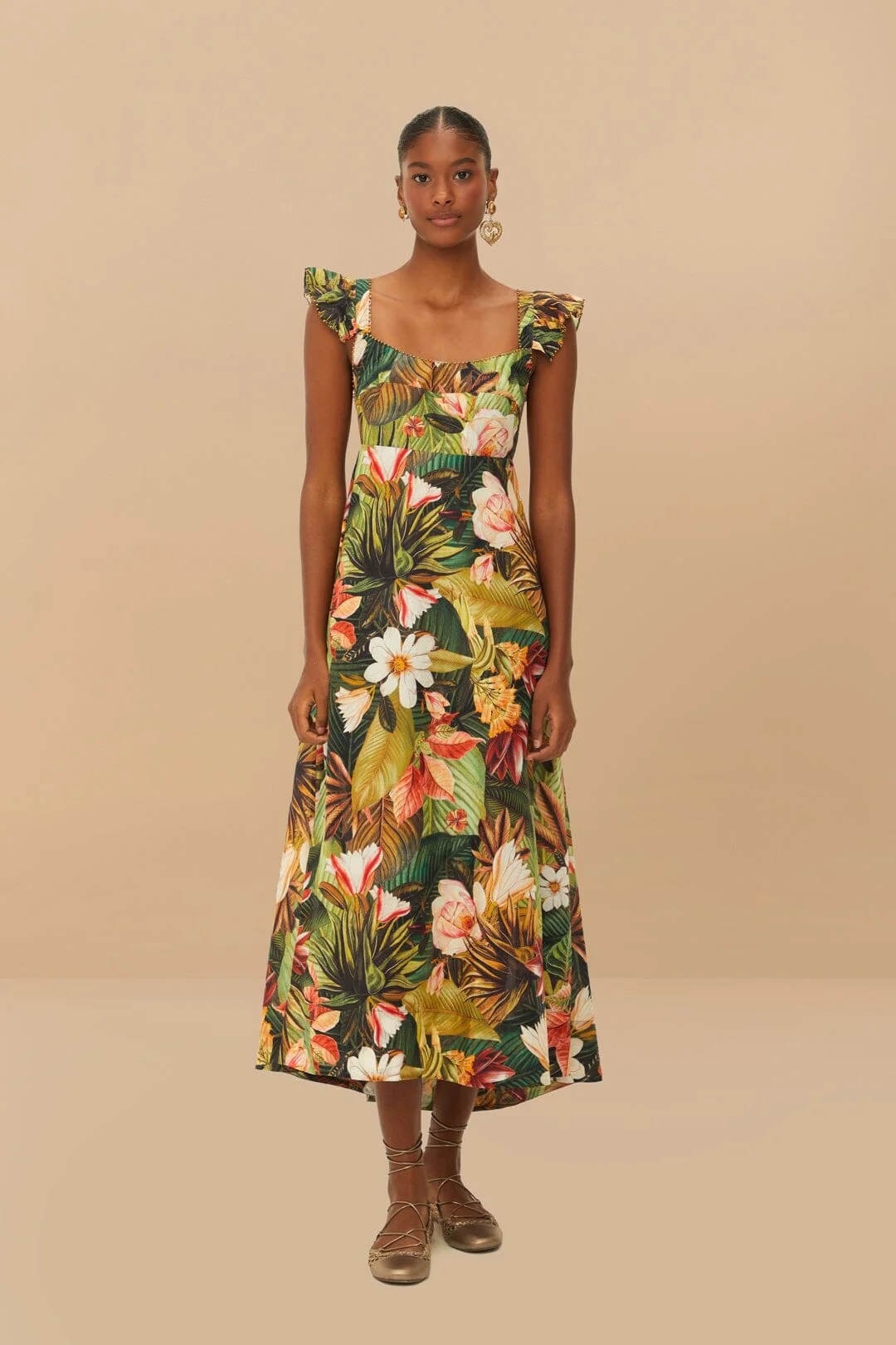 Botanical Forest Multicolor Scoop Neck Ruffled Strap Maxi Dress - 1