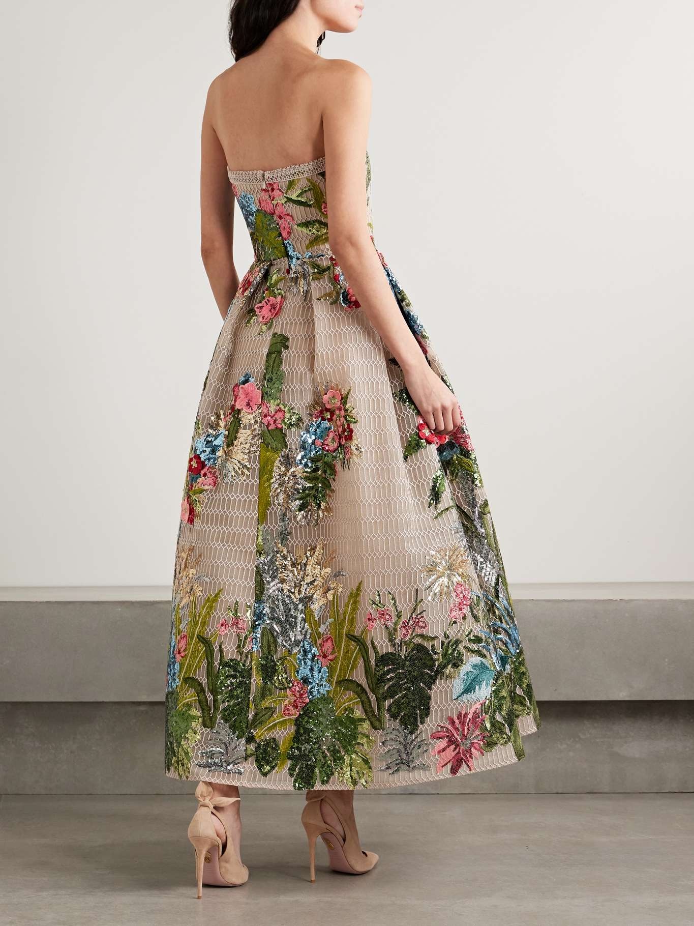 Strapless sequin-embellished embroidered tulle gown Beige - 3
