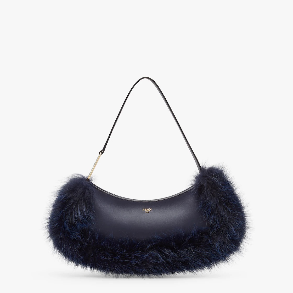 Pouch made of dark blue leather, embellished with tone on tone fox fur and decorated with Fendi Roma - 1