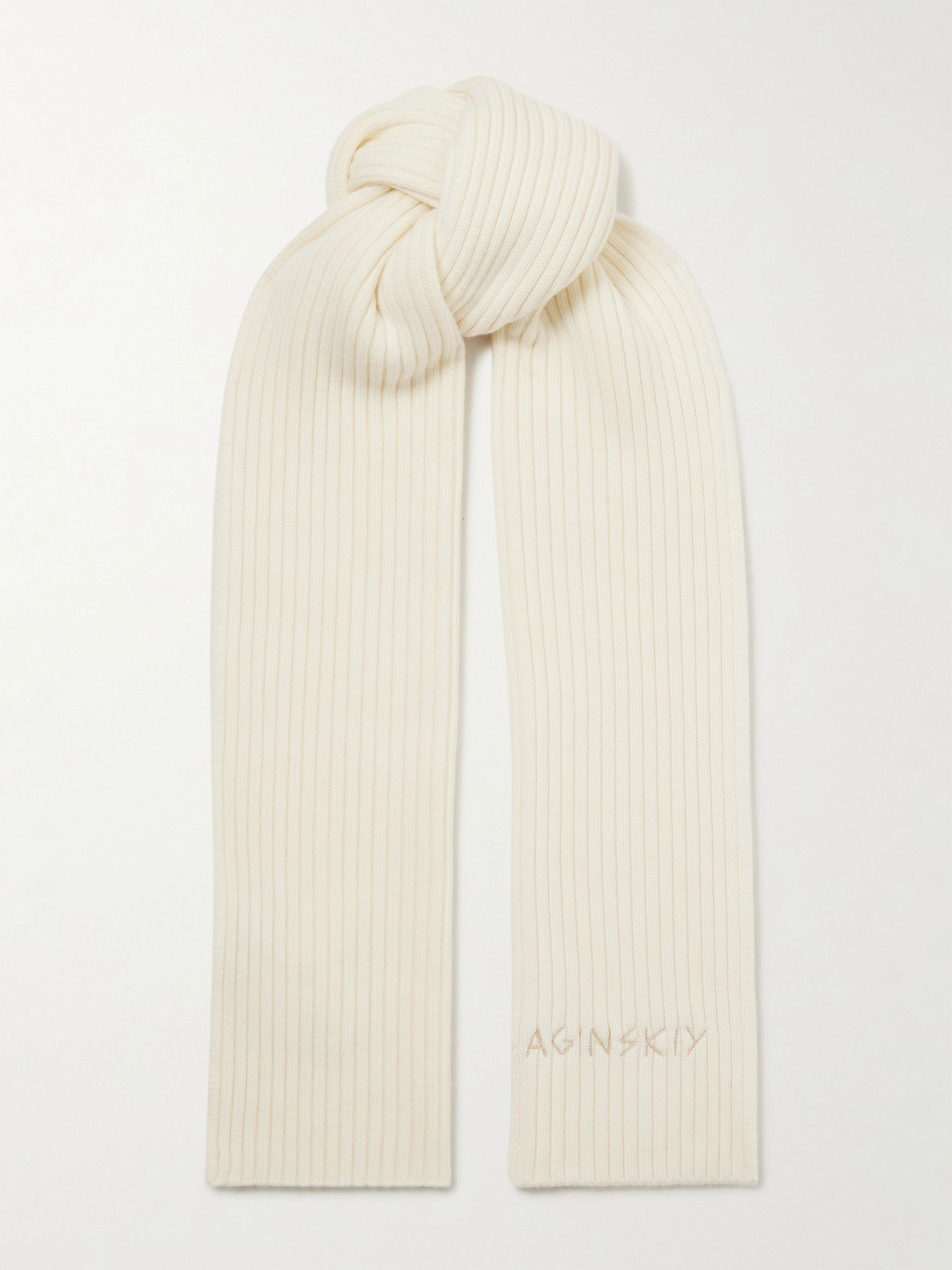 Embroidered ribbed merino wool scarf Cream - 1