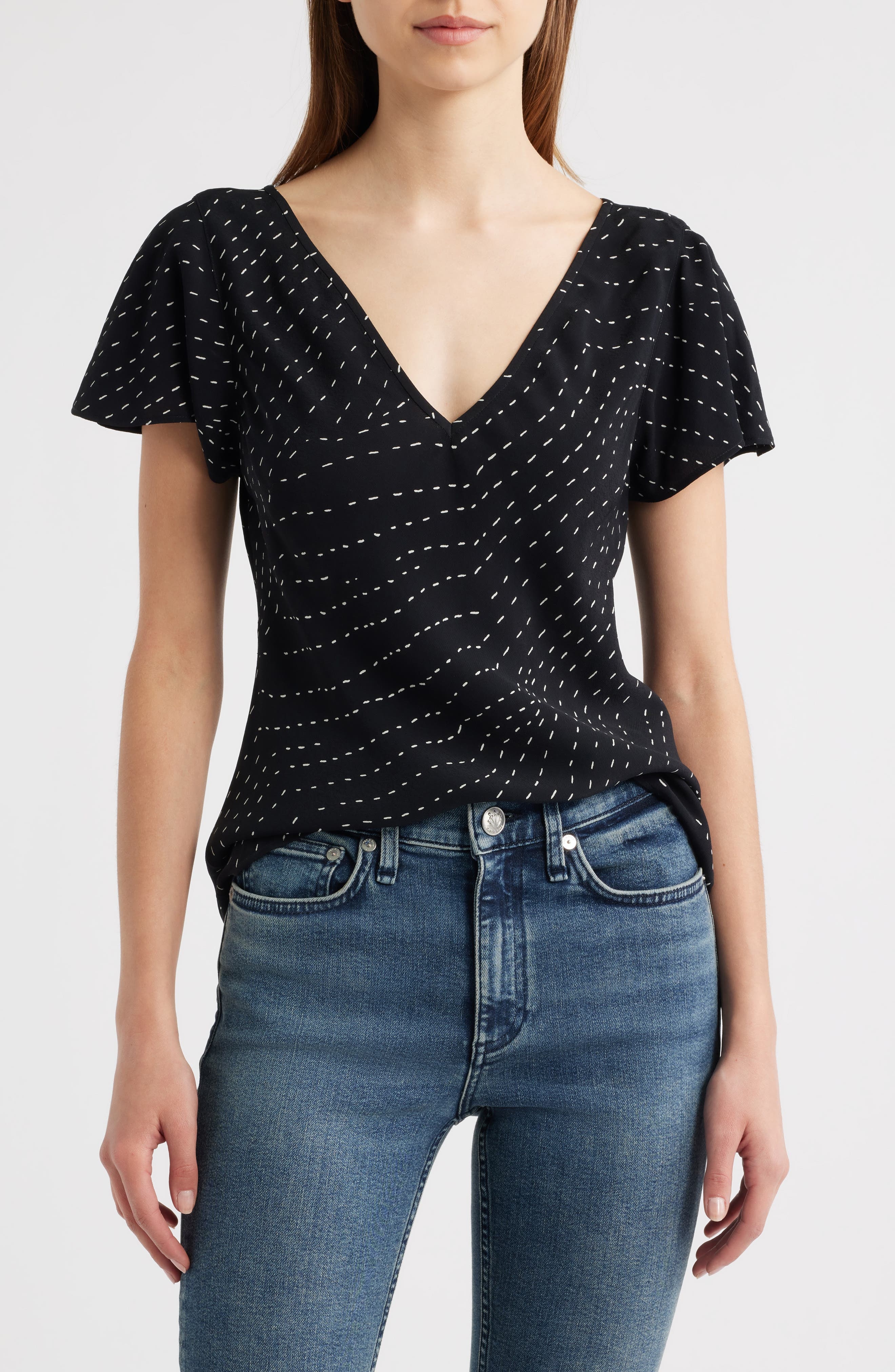 rag & bone Yvonne Print Flutter Sleeve Top in Black at Nordstrom - 1