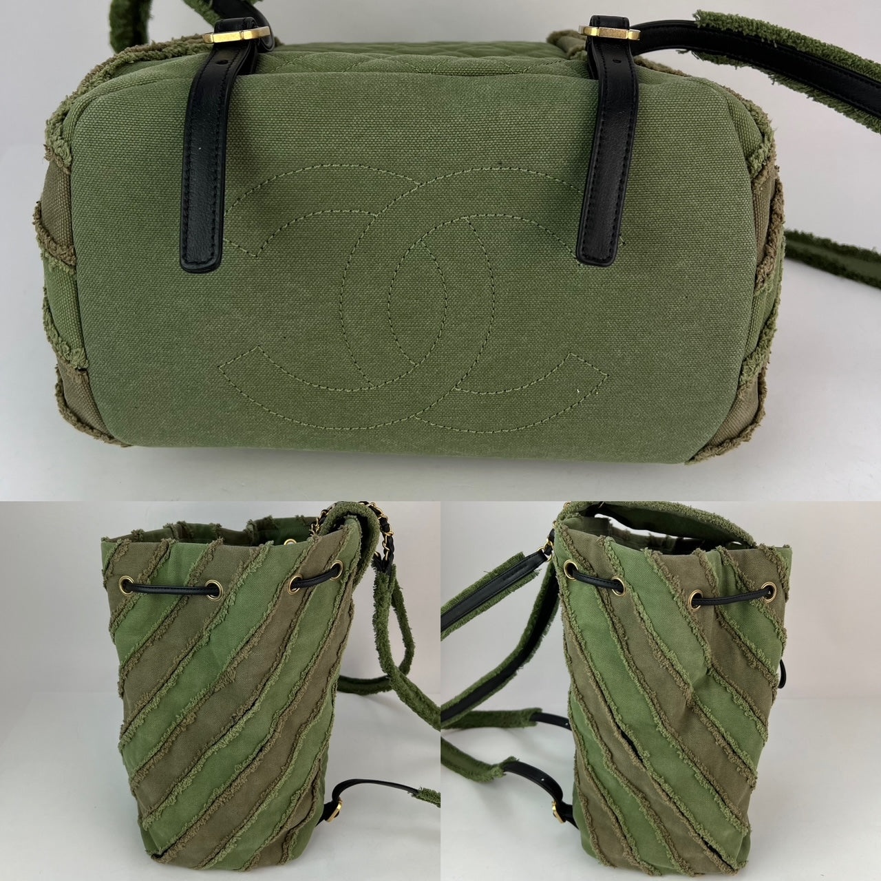 CHANEL Backpack Canvas Chevron Cuba Patchwork Khaki Green Backpack Preowned - 3