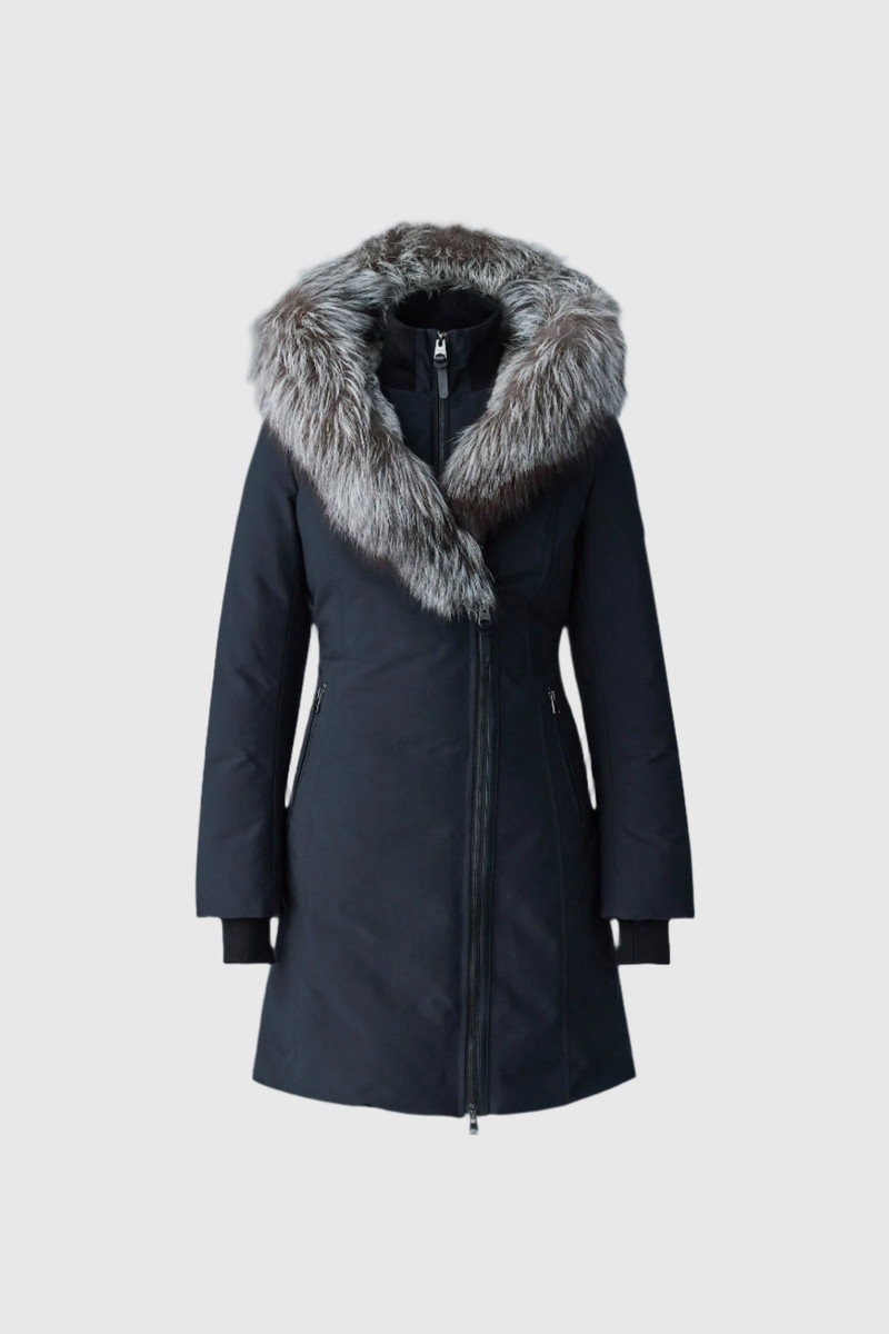 TRISH Powder Touch down coat with silver fox fur Signature Mackage Collar 1