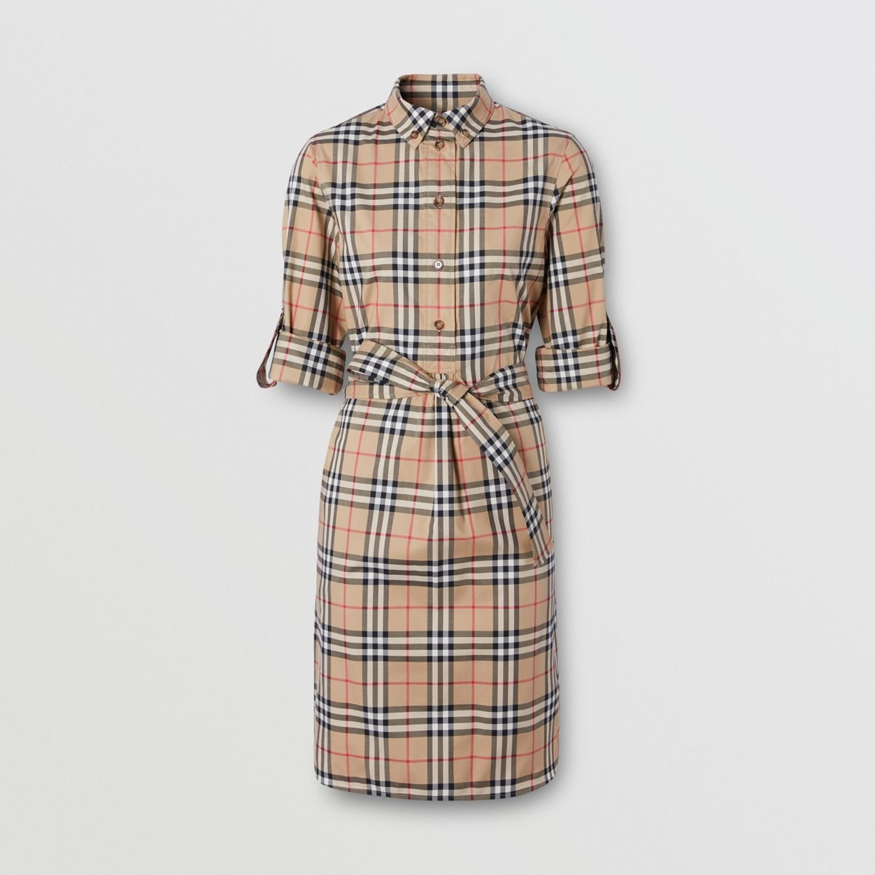 Vintage Check Stretch Cotton Tie-waist Shirt Dress - 1