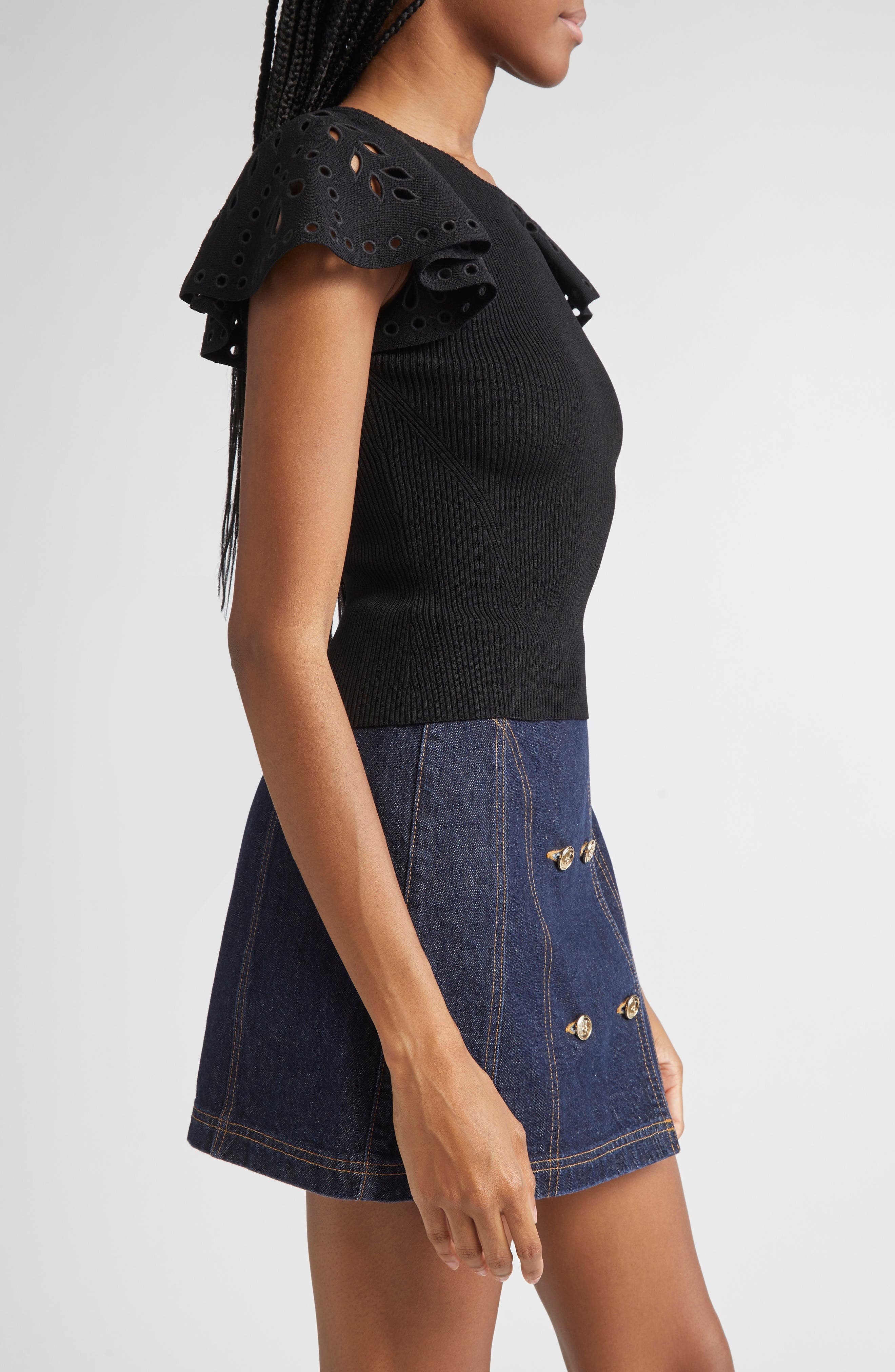 Ulla Johnson Edith Mixed Media Ruffle Sleeve Top in Noir at Nordstrom - 4