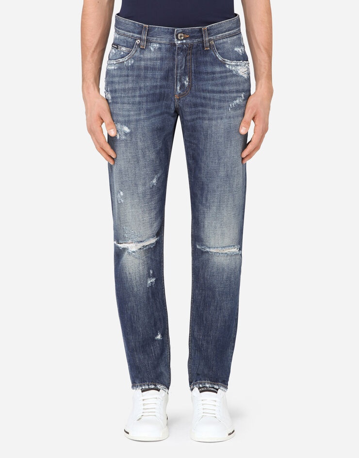 Washed blue regular-fit jeans with rips - 1