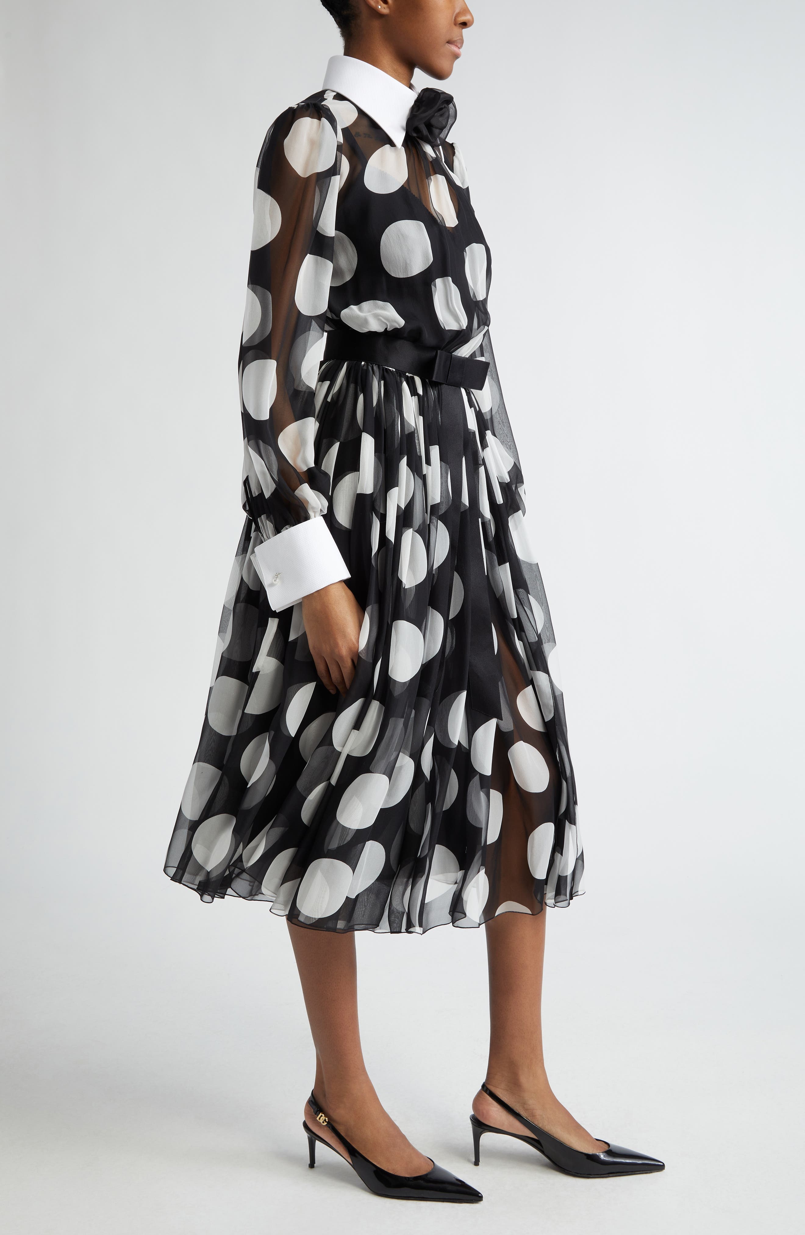 Polka Dot Long Sleeve Belted Chiffon Midi Dress - 3