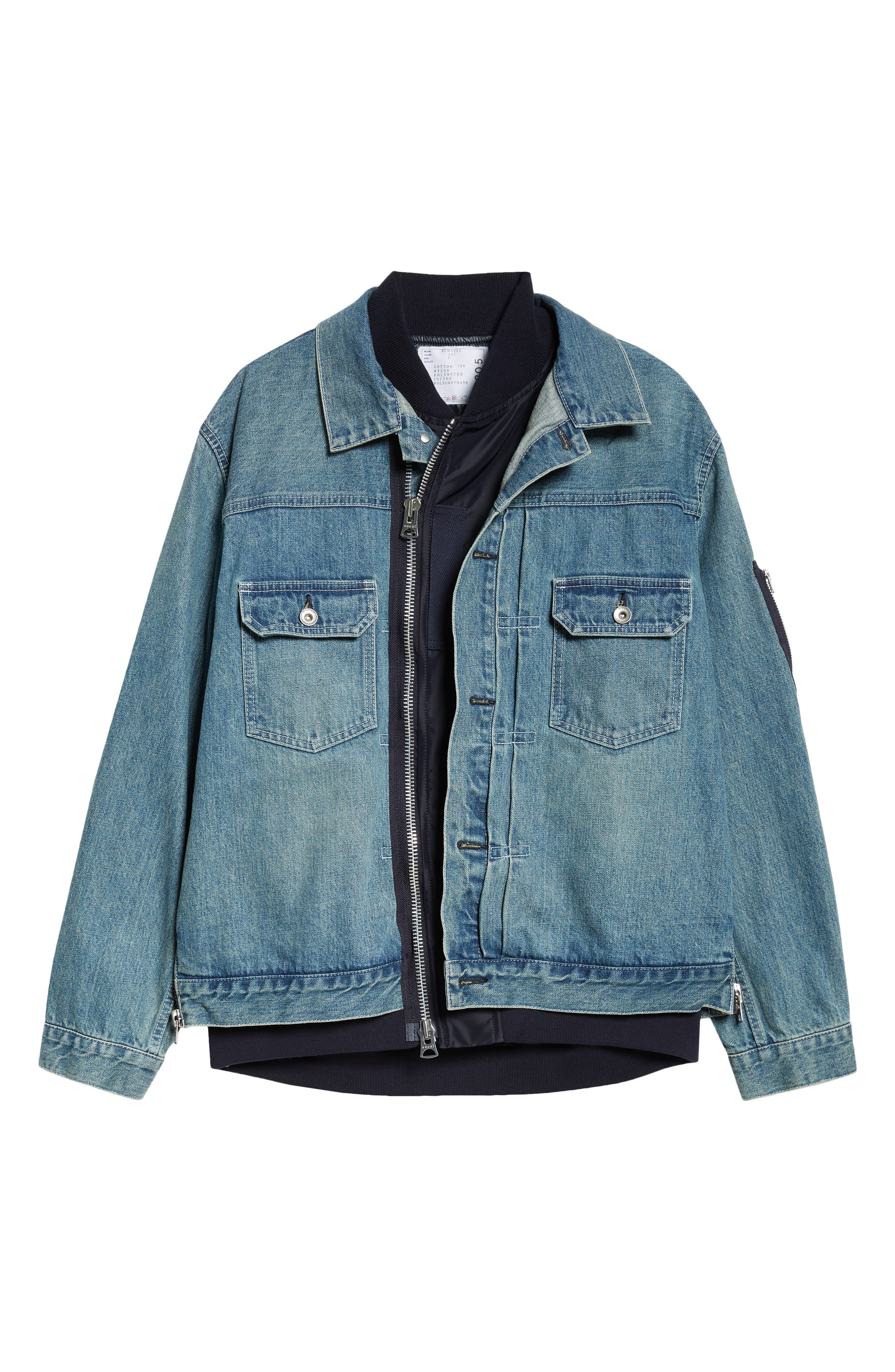 Sacai Layered Mixed Media Trucker Jacket in Light Blue at Nordstrom - 7