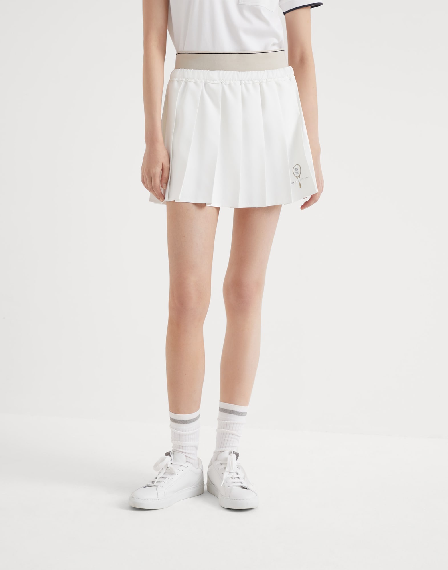 Pleated techno poplin mini skirt with tennis logo - 1