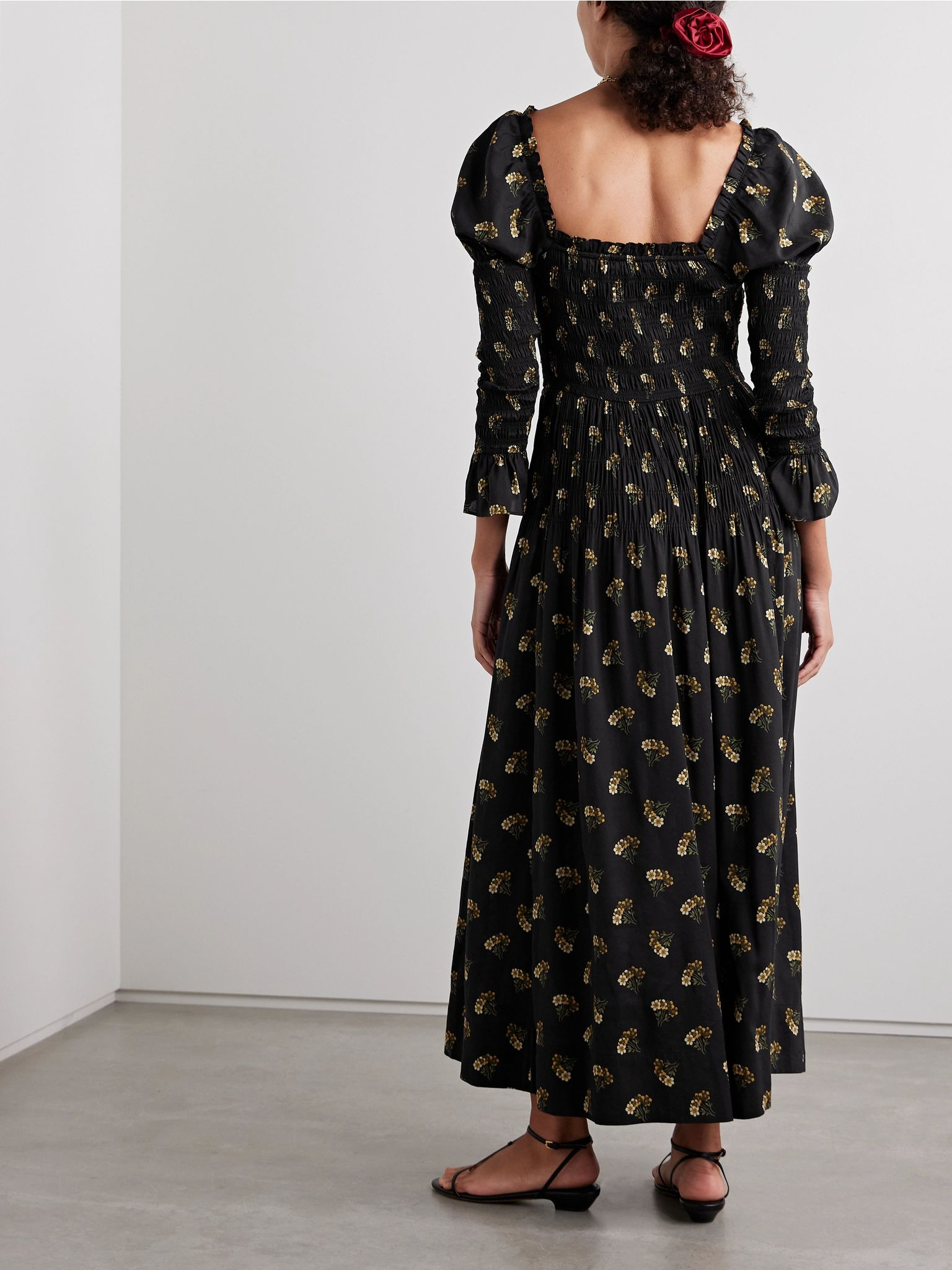 Wilmina shirred floral-print cotton-blend maxi dress Black - 3