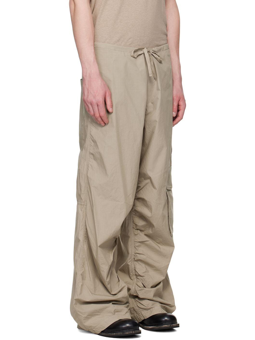 Beige Loose Drawstring Collapse Cargo Pants - 2