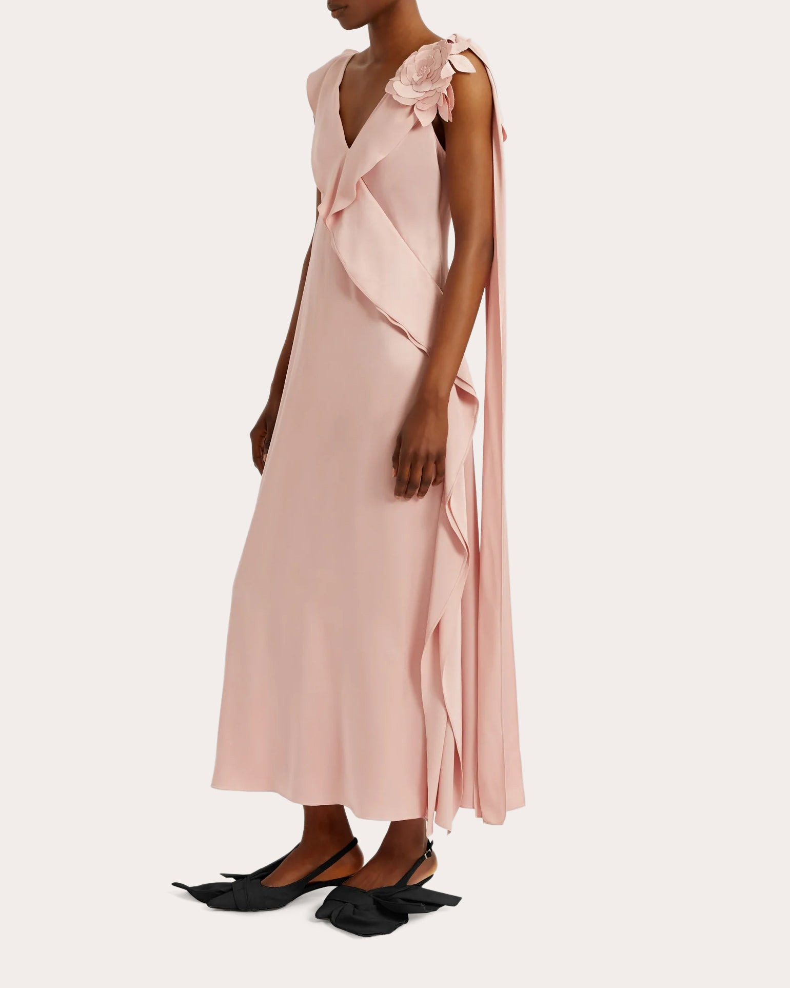 Draped Floral-Appliquéd Satin Midi Dress - 5