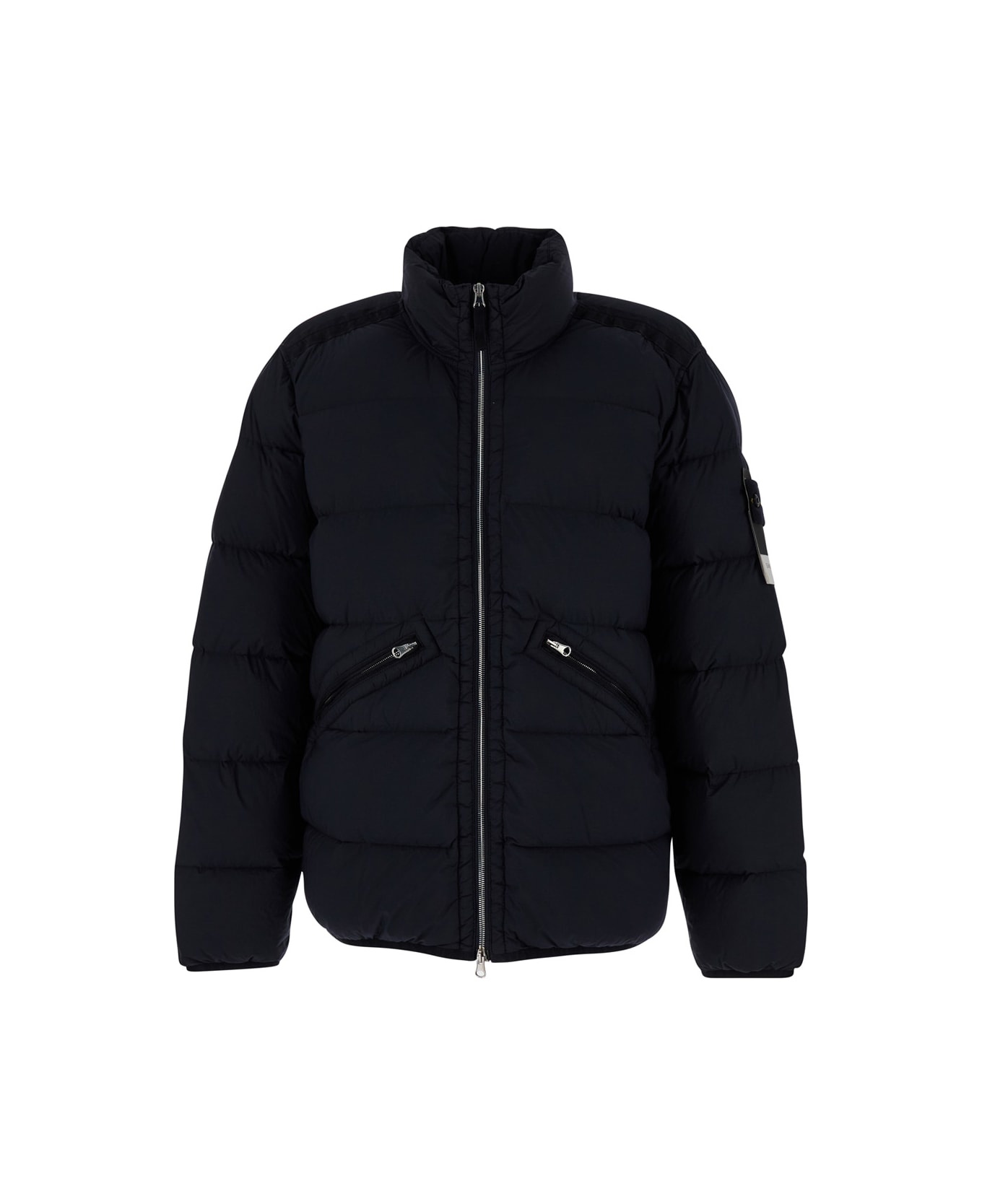 Blue High Neck Down Jacket With Zip And Logo Patch In Polyamide Man - 1