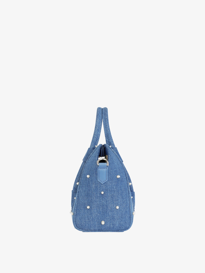 MINI ANTIGONA LOCK BAG IN DENIM WITH PEARLS 3