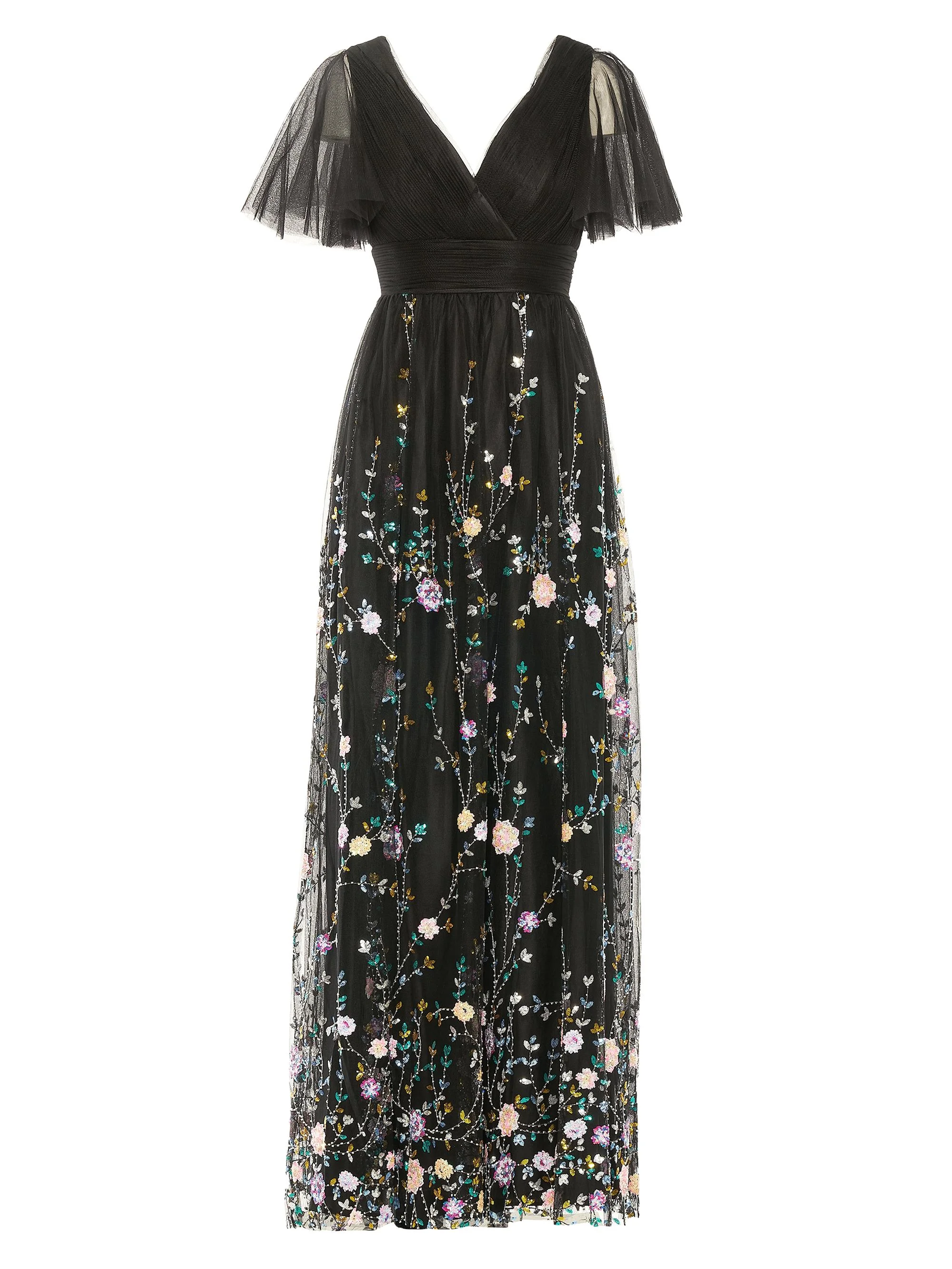 Women's Embellished Illusion V-Neck Gown - Black Multi - 1