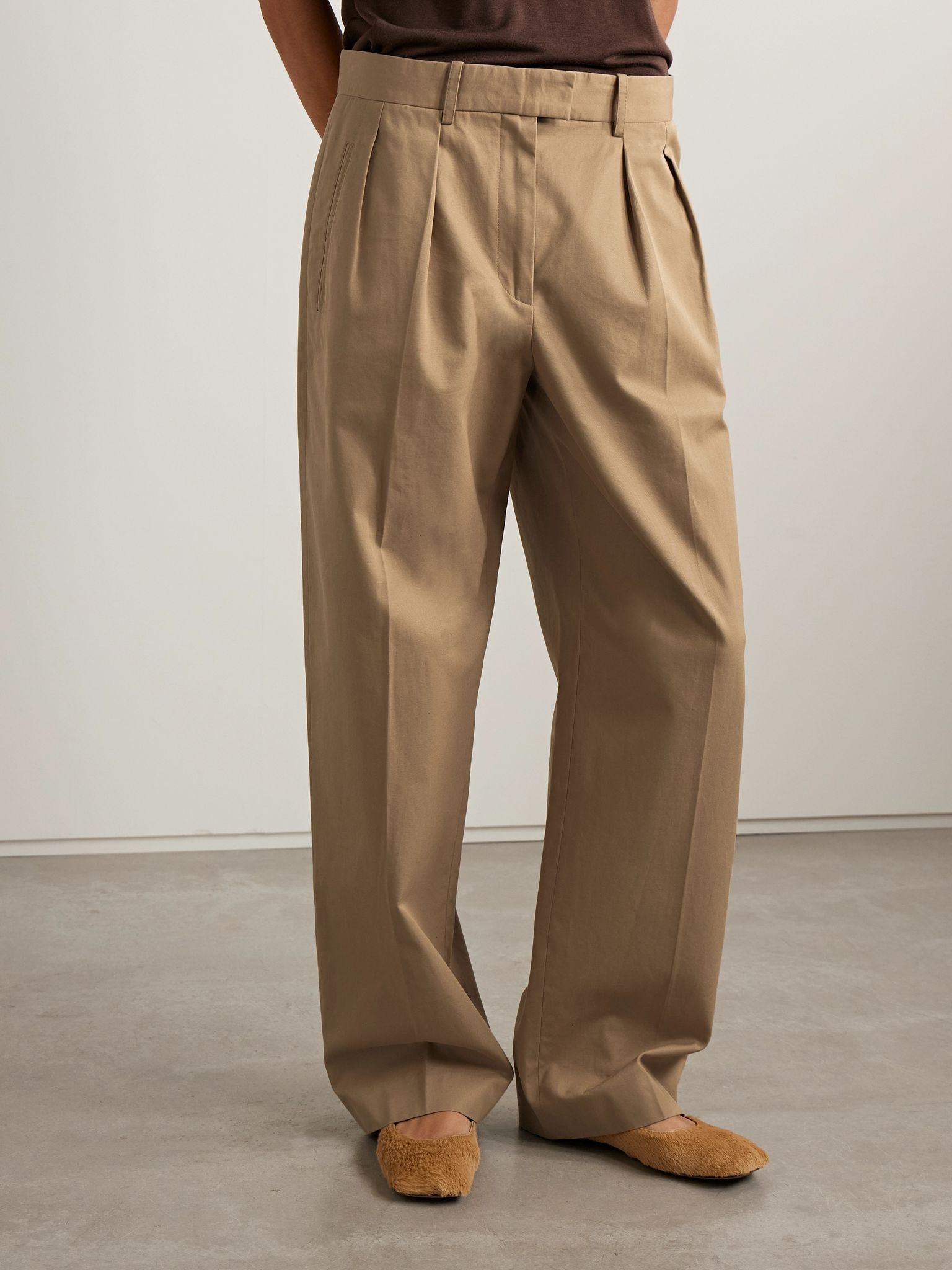 Alfidis pleated brushed cotton and cashmere-blend twill wide-leg pants Beige - 3