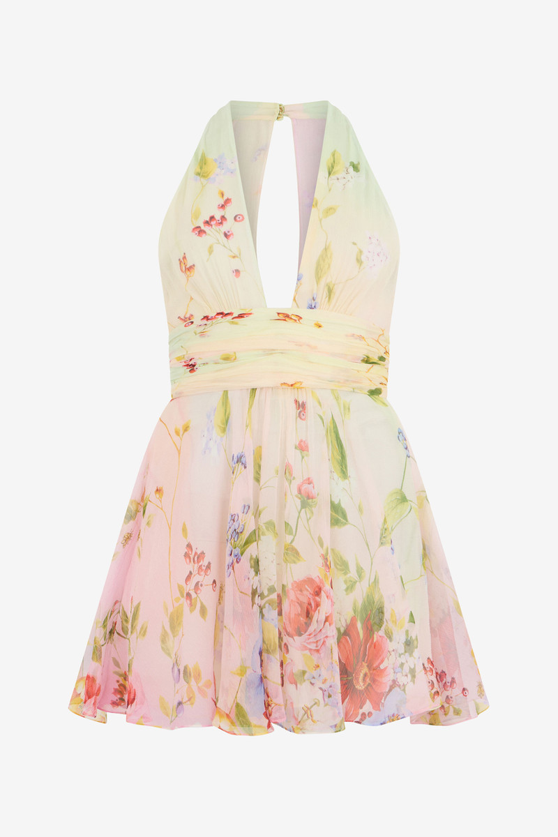 Chiffon Mini Dress with Miami Flowers Print 1