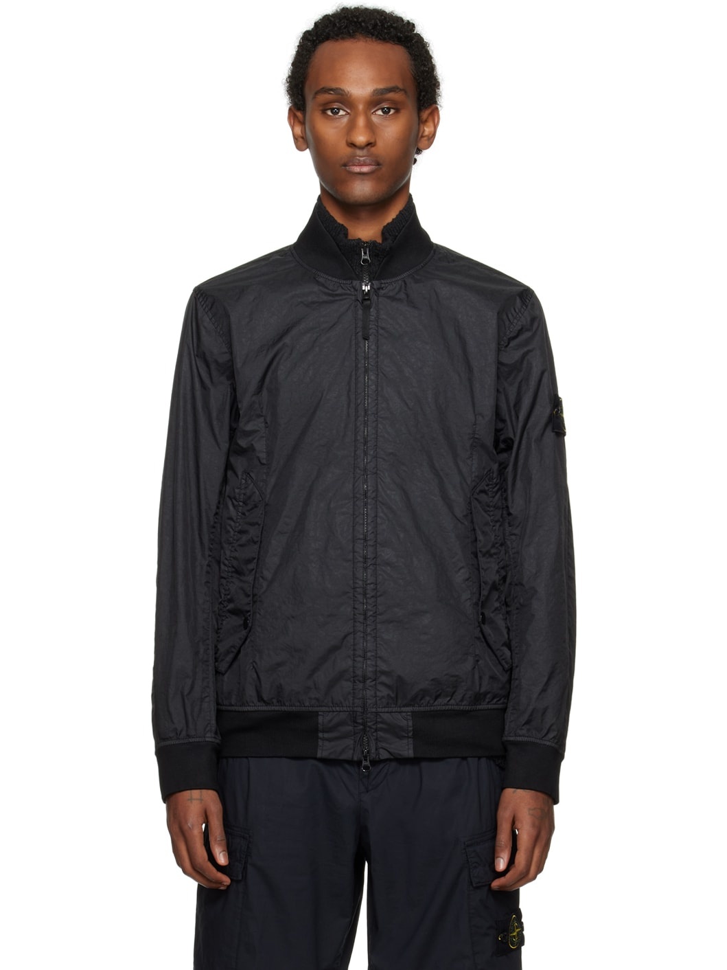 Black Crinkled Bomber Jacket - 1