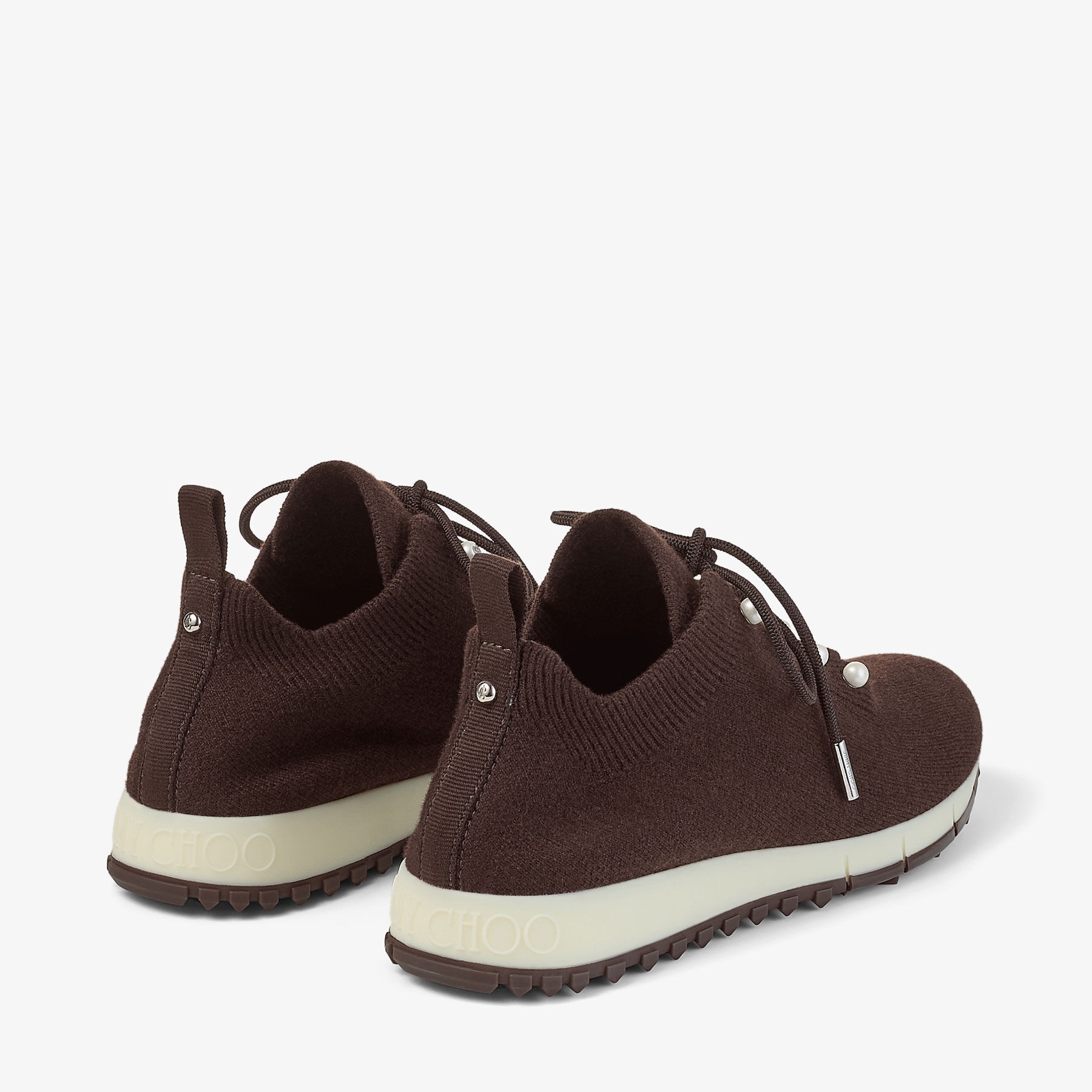 Veles
Chocolate Cashmere Melange Knit Trainers with Pearl Buttons - 5