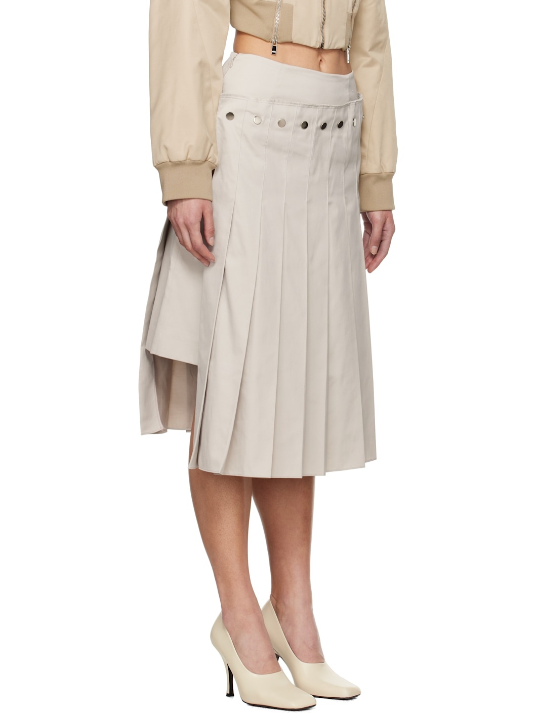 Beige Double Layered Pleated Midi Skirt - 2