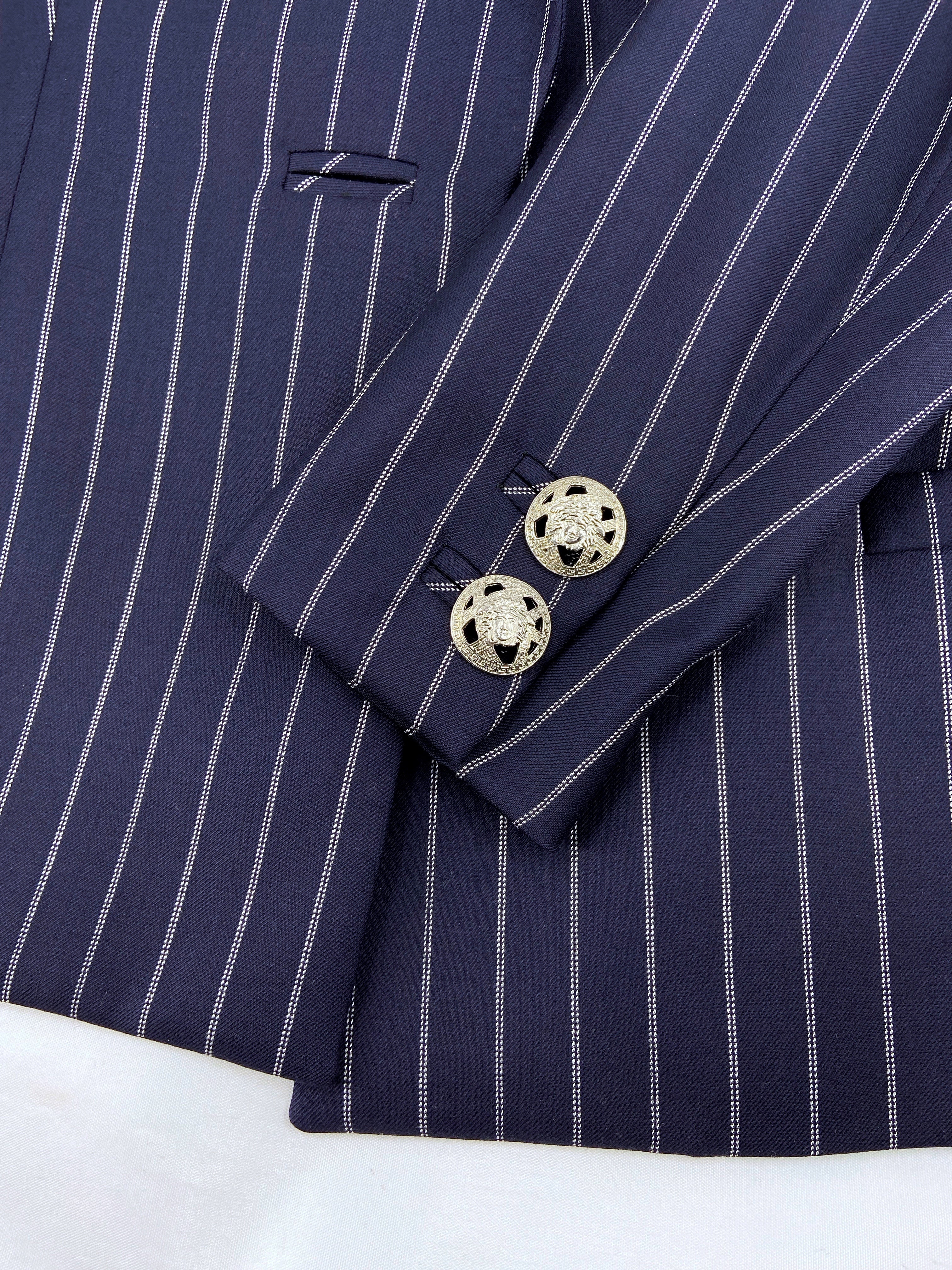 Gianni Versace Spring 1995 Navy Double Pinstriped Wrap Skirt Suit 42 - 12