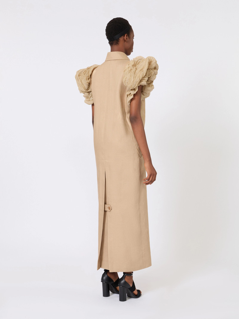 ECRU Sleeveless duster coat in linen basketweave with ruffles - CAMEL 4