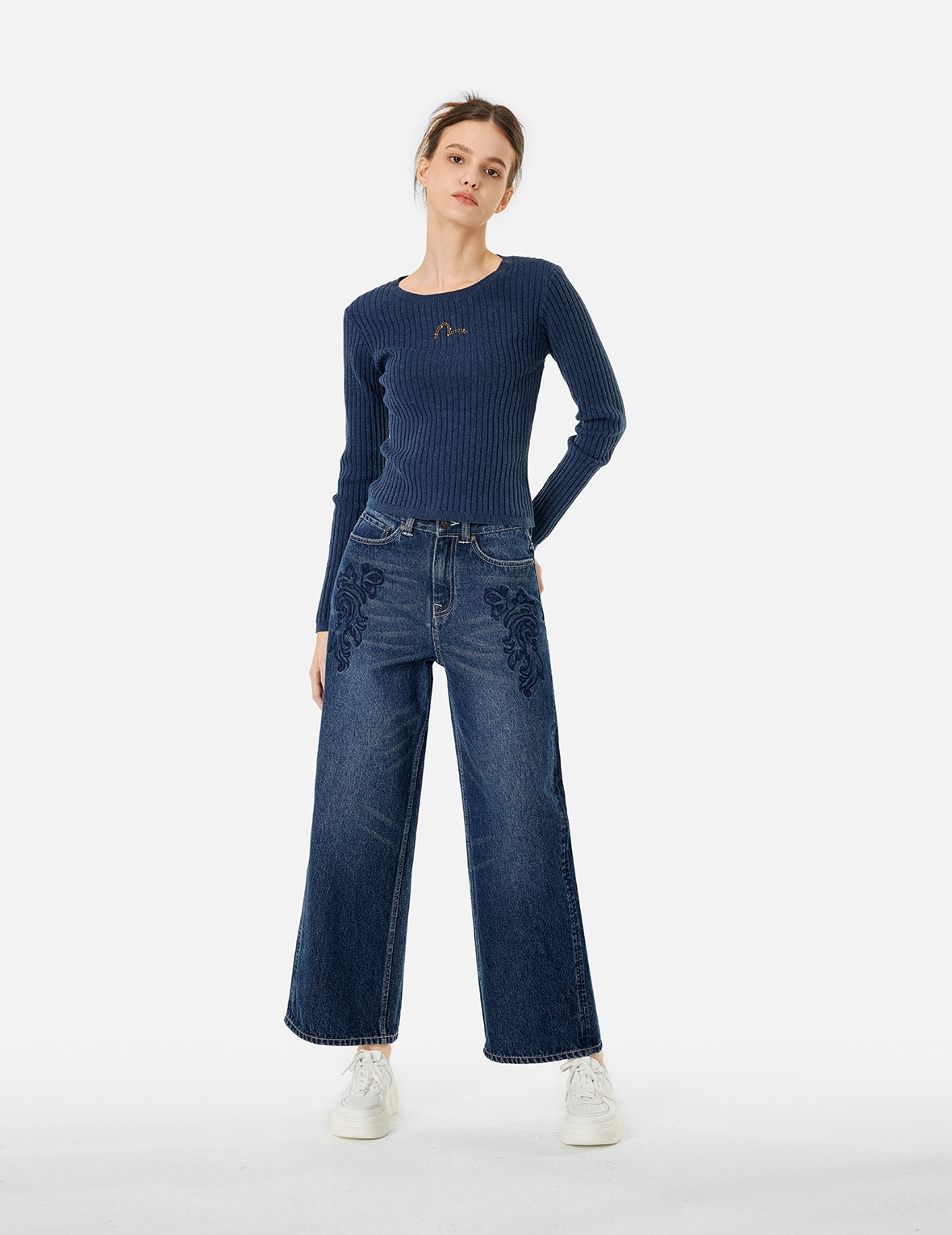 BUTTERFLY AND SEAGULL EMBROIDERY WIDE-LEG JEANS - 3