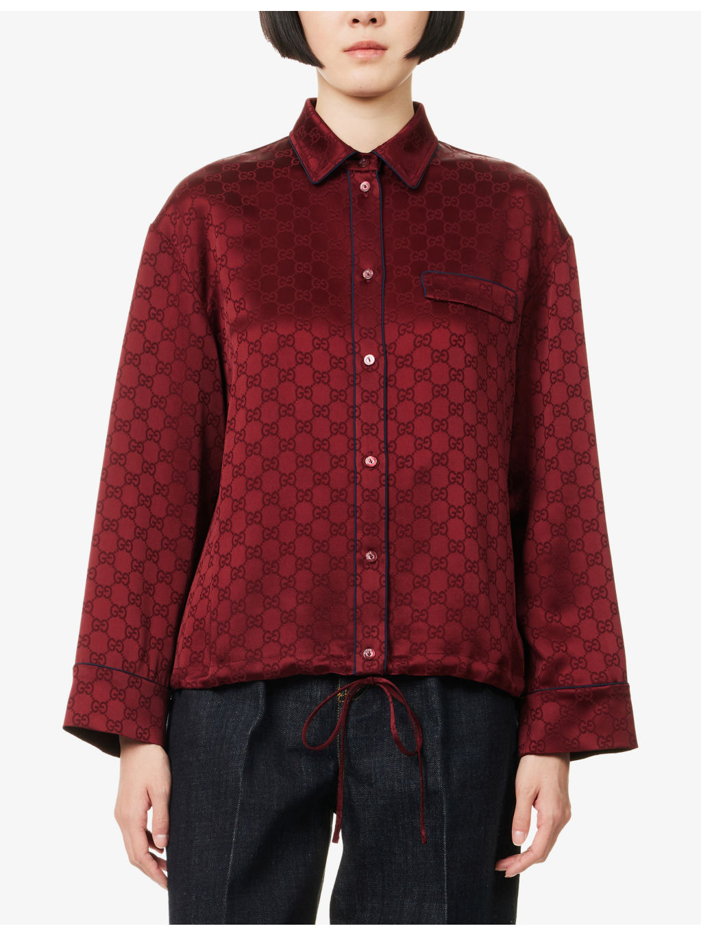 Monogram-Pattern Drawstring-Hem Satin Shirt - 3
