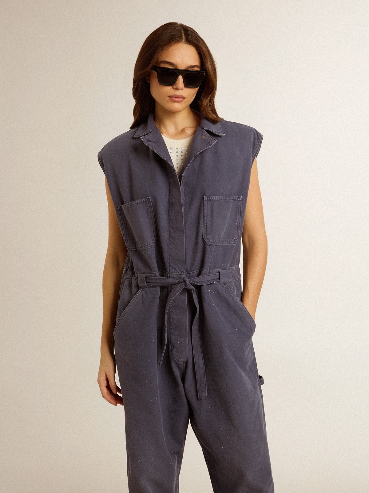 Blue distressed cotton jumpsuit - 4