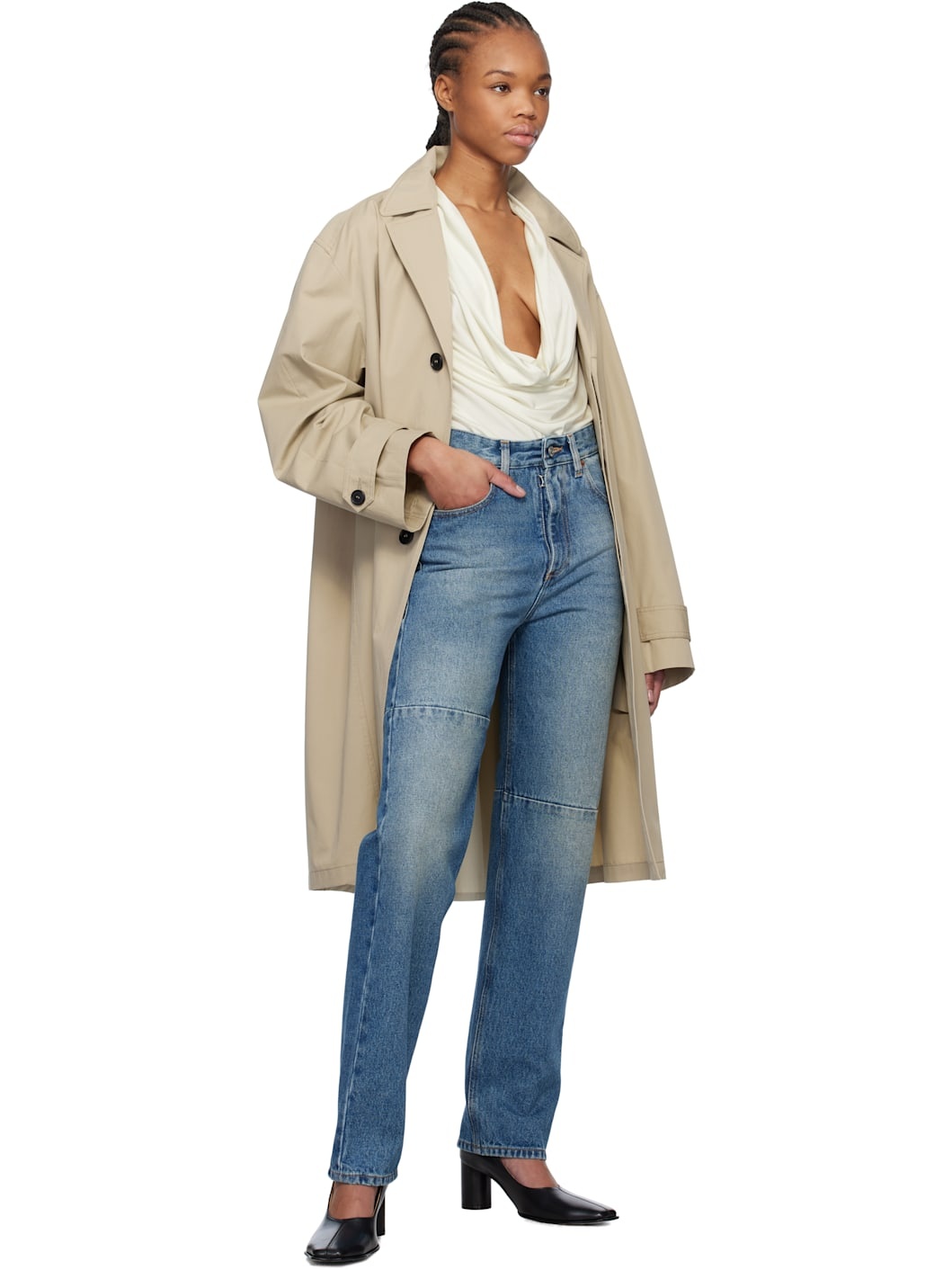 Beige Spliced Cotton Gabardine Trench Coat - 4