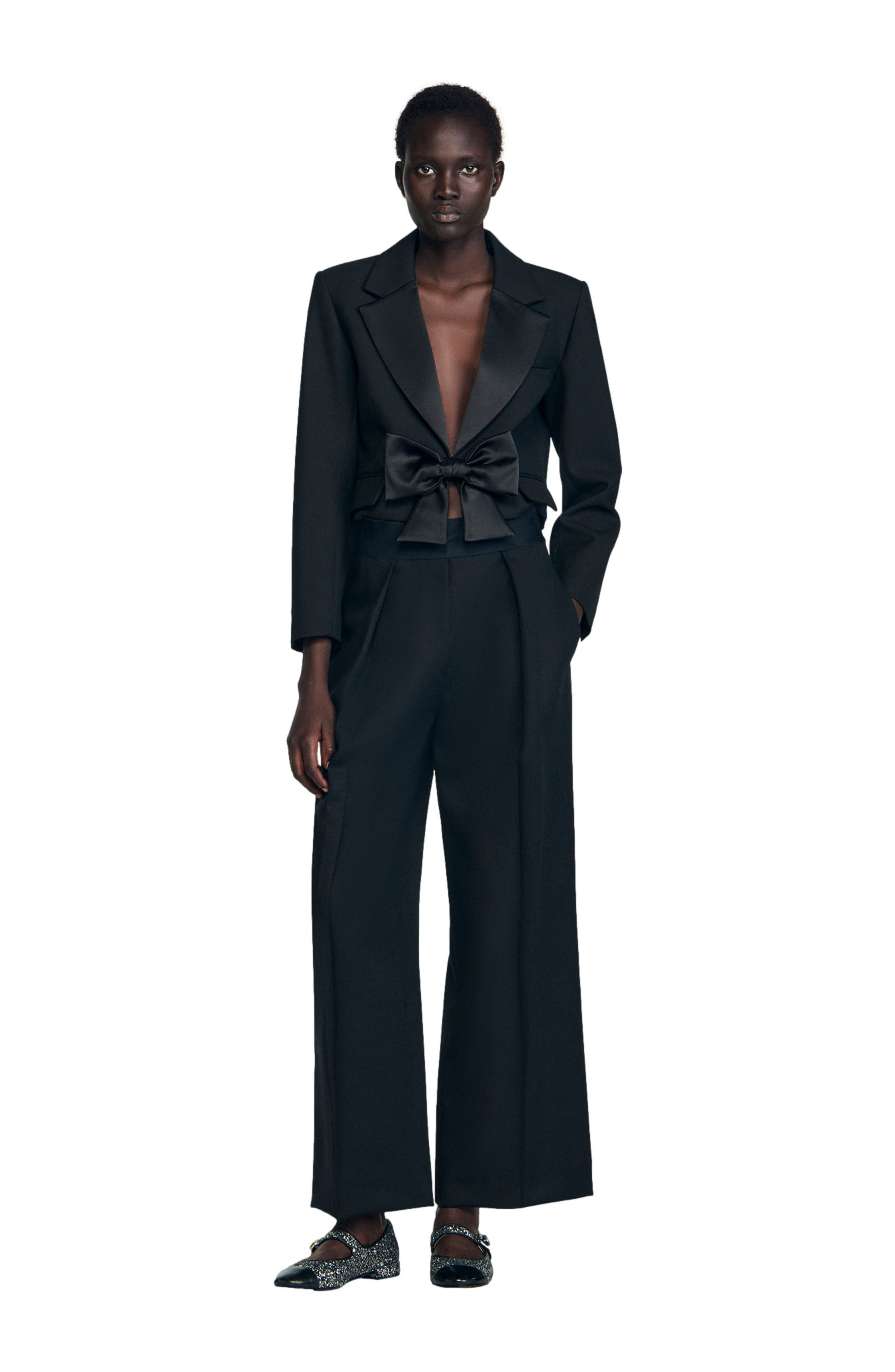 SANDRO Wide-leg elastic waist trousers in Black at Nordstrom - 6