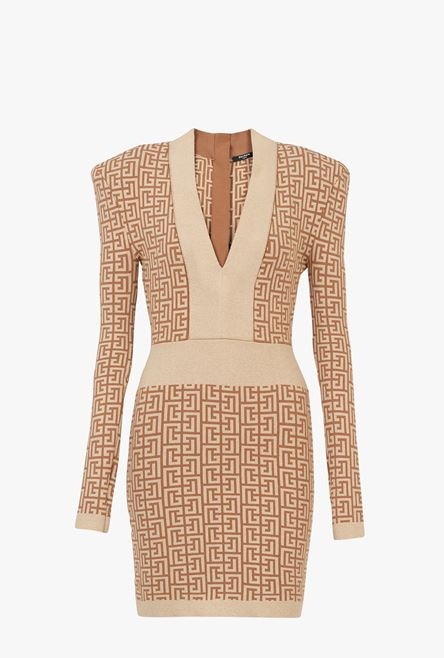 Short brown and gold knit dress with Balmain monogram - 1