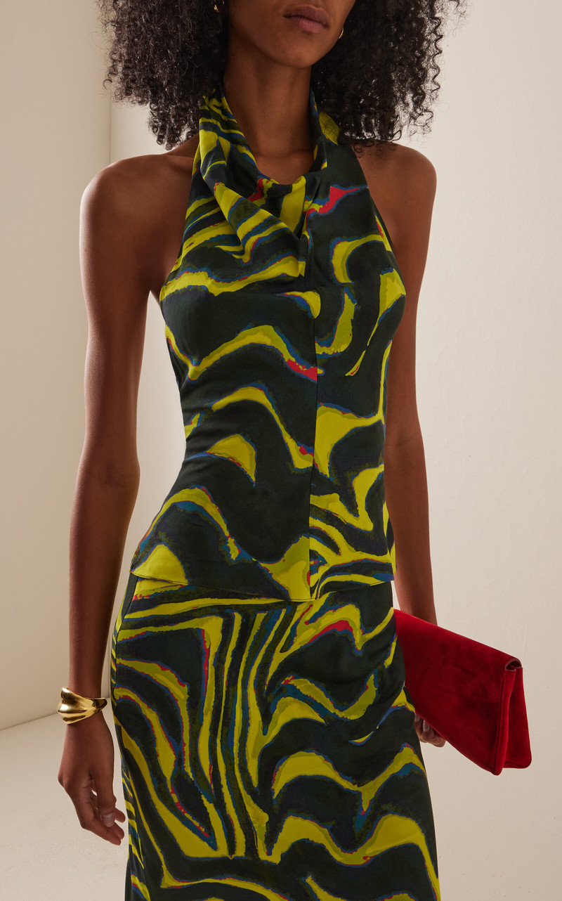 CHRISTOPHER JOHN ROGERS Printed Jersey Cowl-Neck Halter Top green outlook