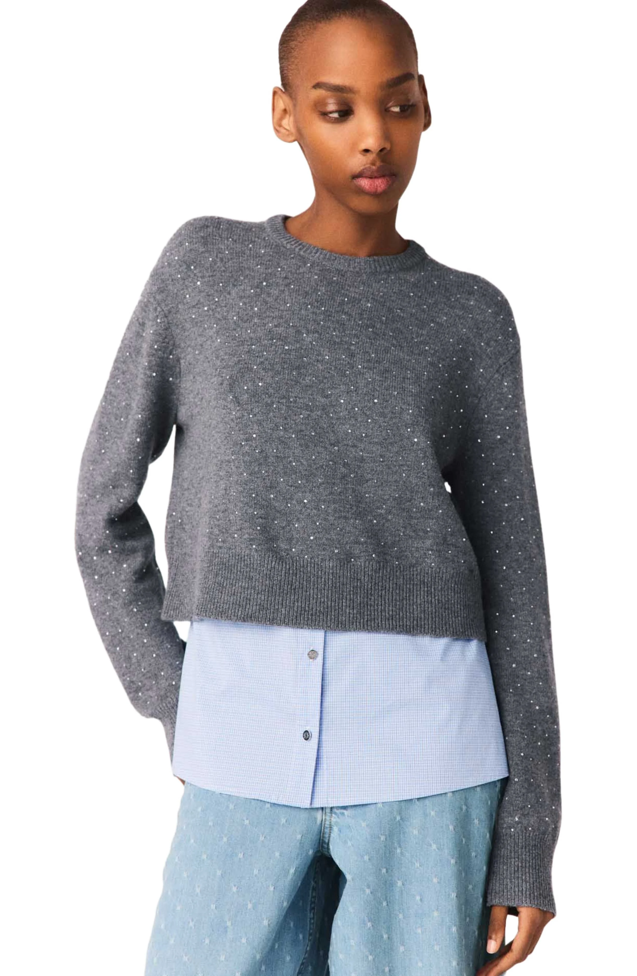 maje Removable rhinestone trim sweater in Grey at Nordstrom - 1