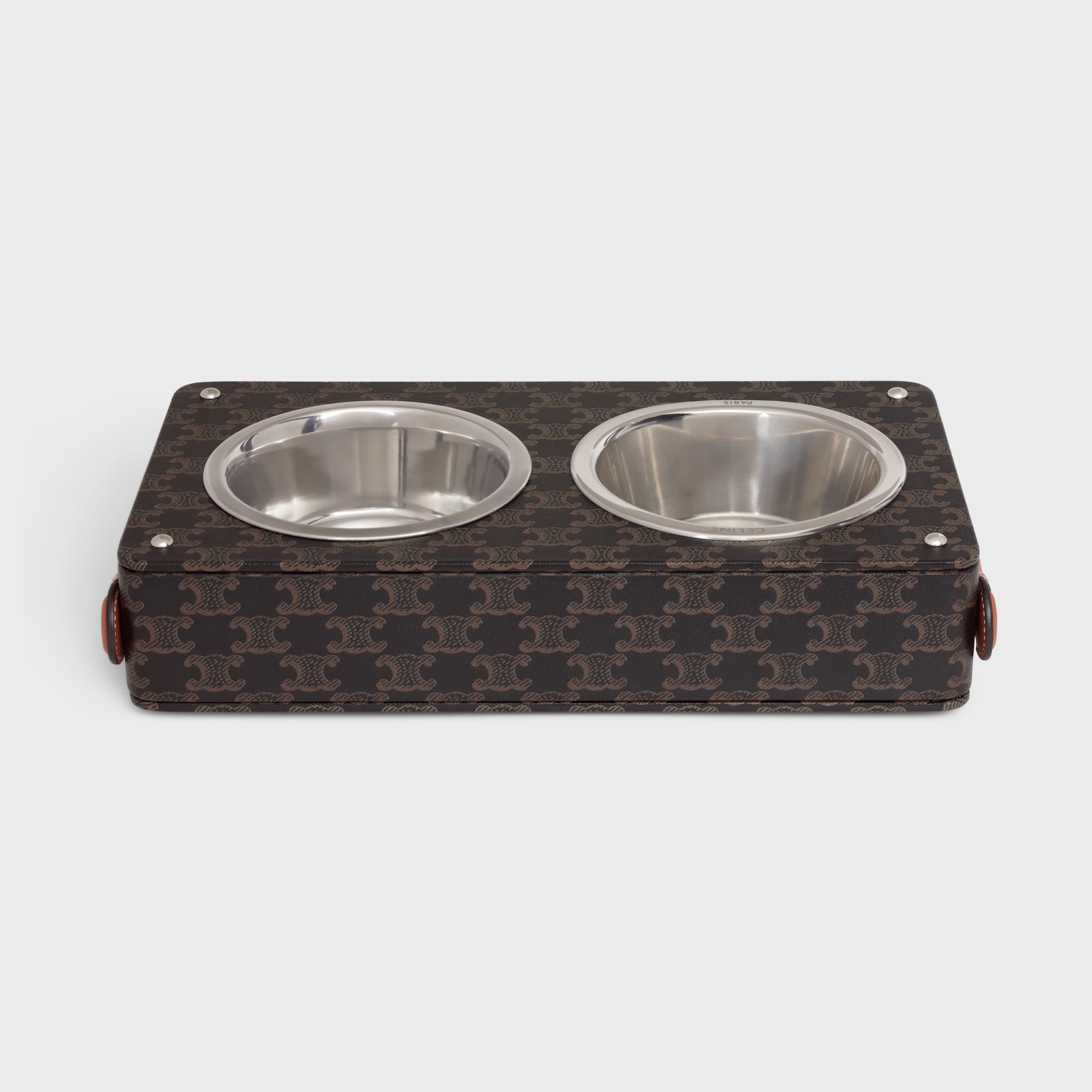 Double Dog Bowl in Nappa Lambskin with Triomphe Canvas Print and Calfskin - 3