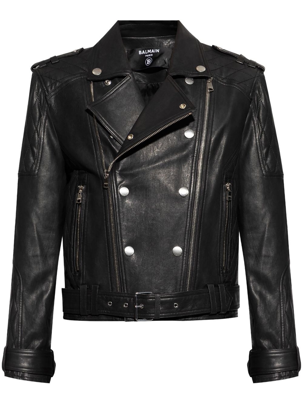 double-breasted leather biker jacket - 1