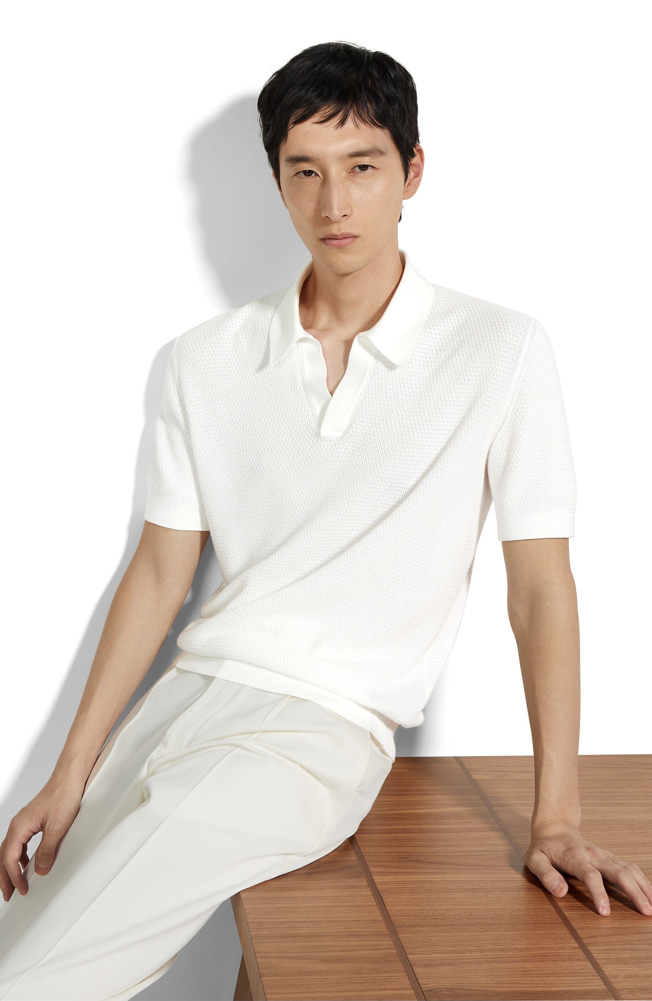 ZEGNA Waffle Stitch Cotton Polo Sweater in Natural Solid at Nordstrom - 2