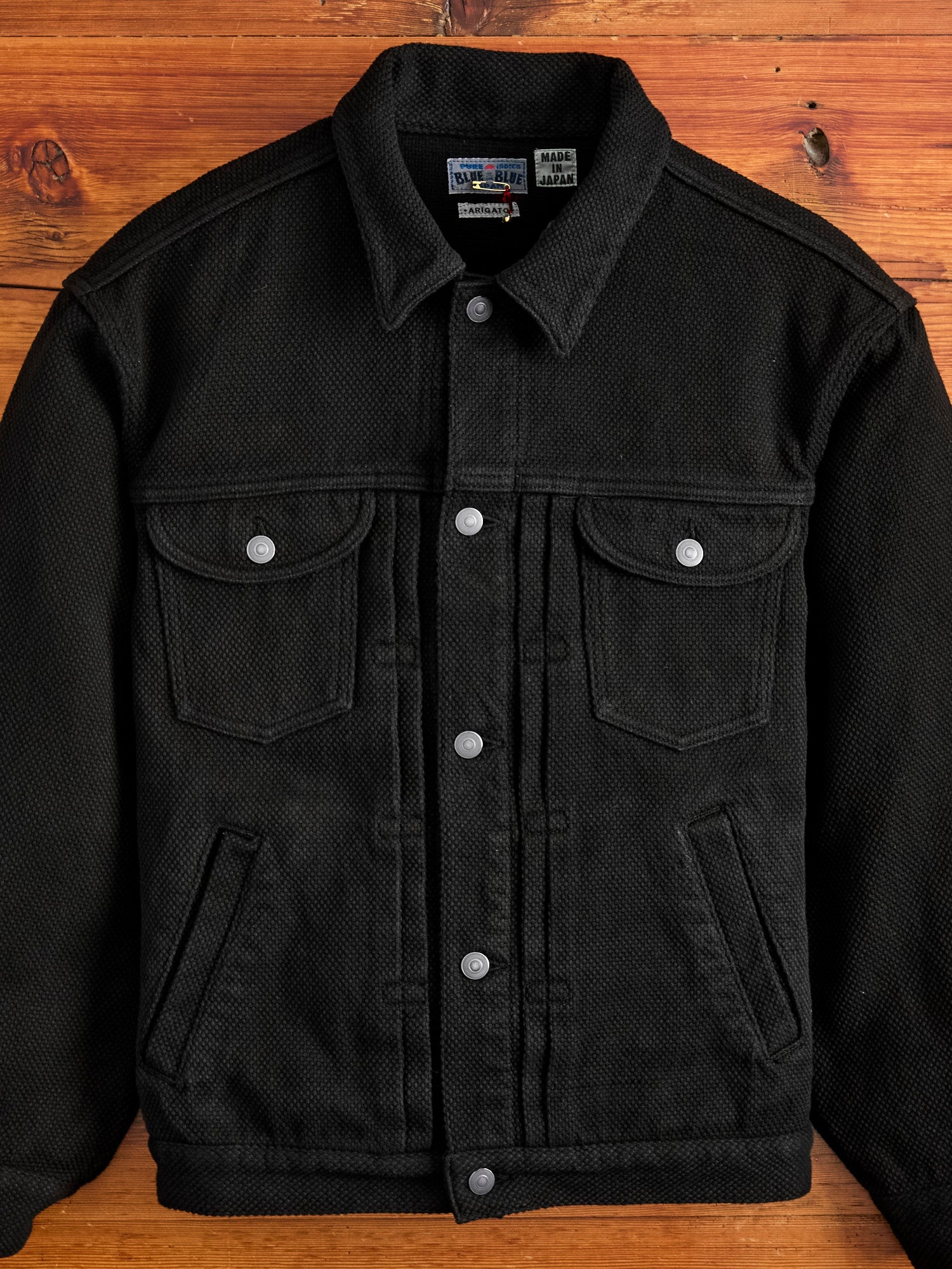 Double Cloth Sashiko Trucker Jacket in Black - 1