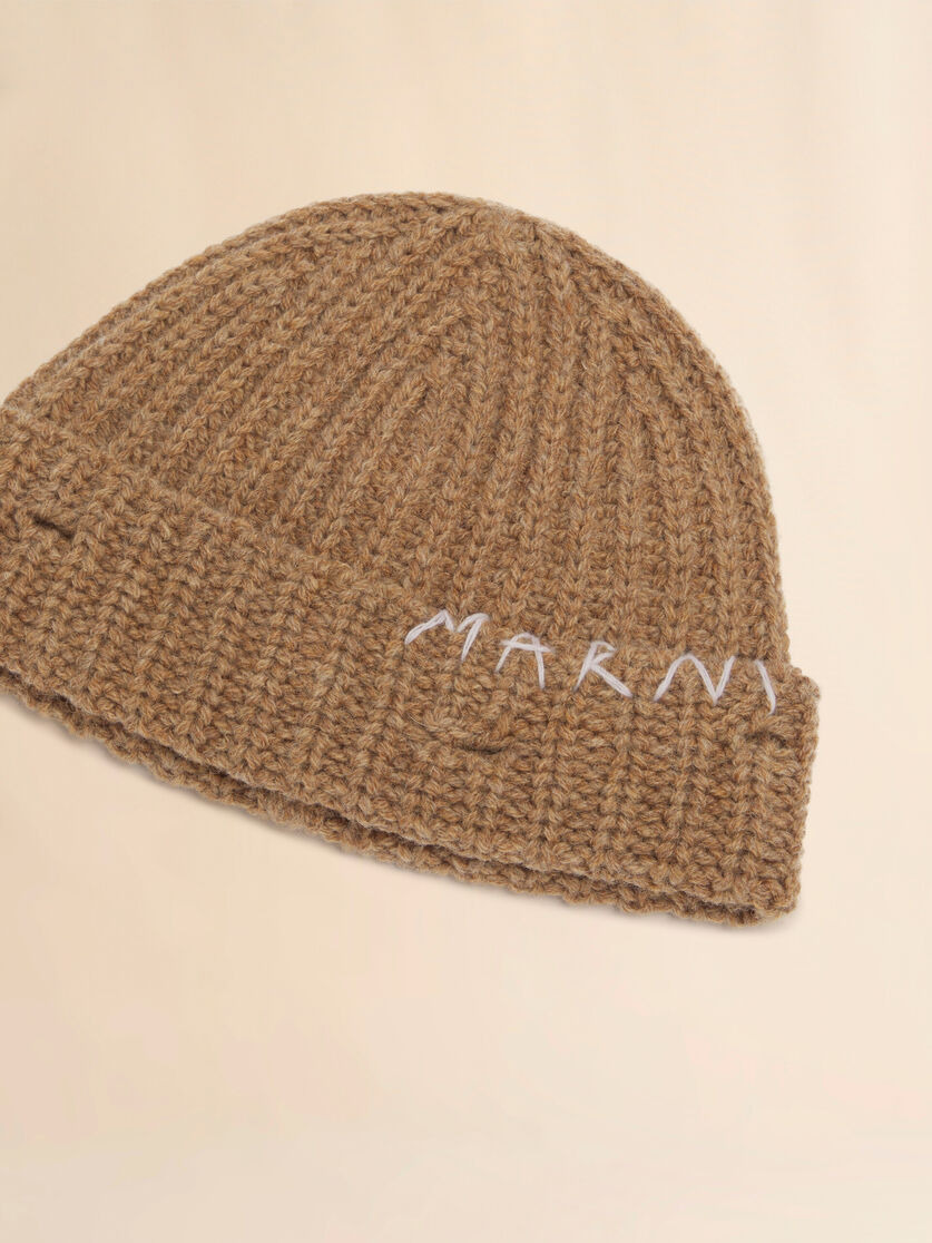 BROWN RIBBED BEANIE WITH HAND-STITCHED LOGO - 4